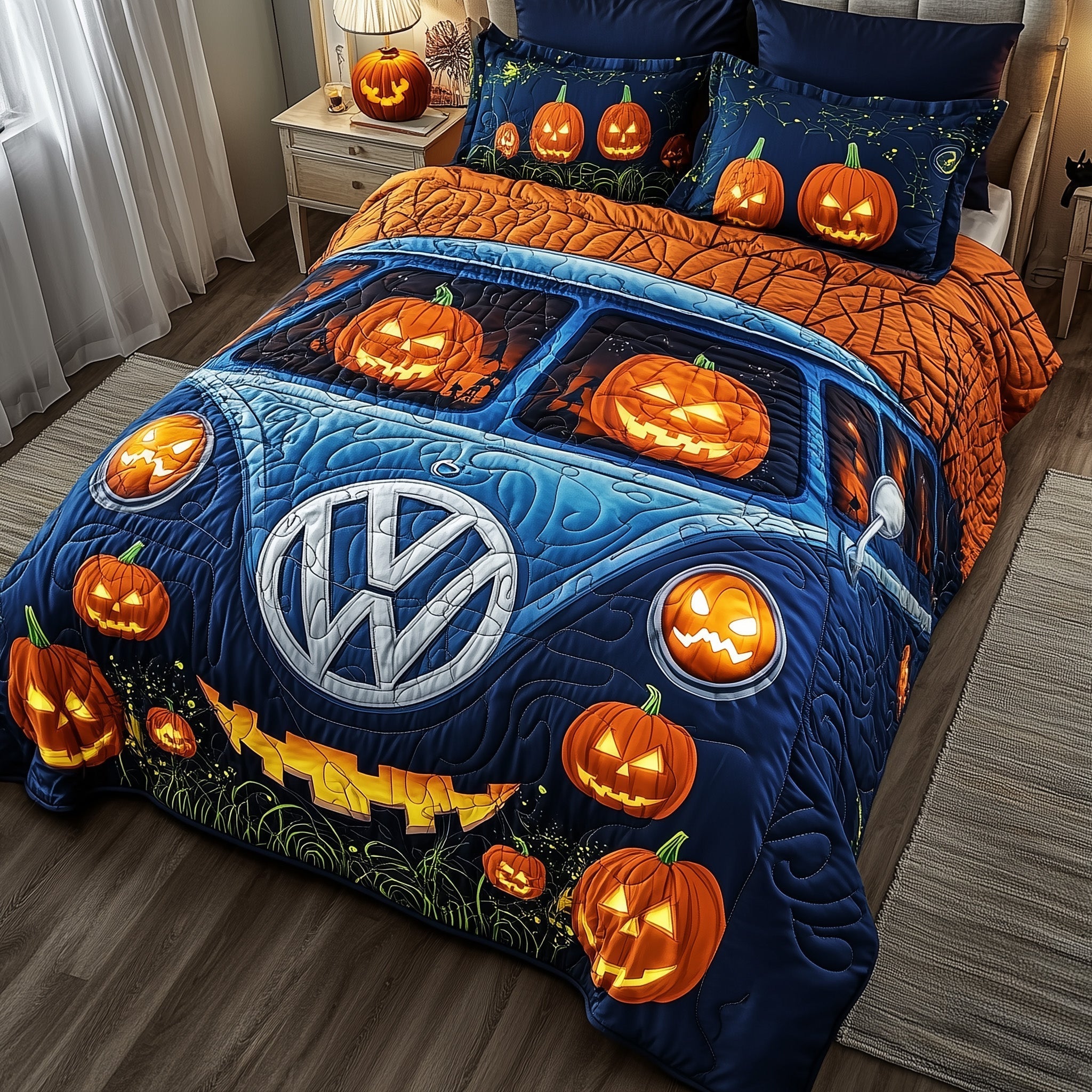 Spooky Ride Quilted Bedding Set Jack-Oï¿½-Lantern Creepy Halloween Bedroom Gifts - Bancroftclothings