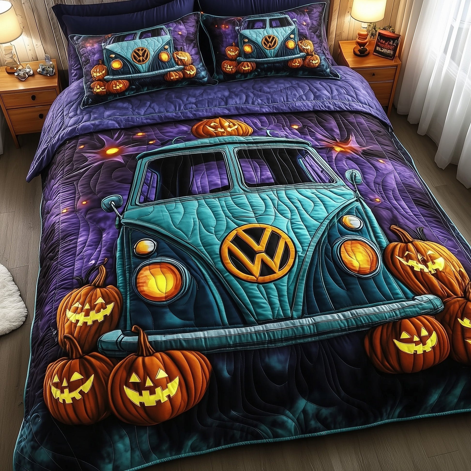 Spooky Ride Quilted Bedding Set Trick Or Treat Pumpkin Haunted Halloween Bedroom Gifts - Bancroftclothings