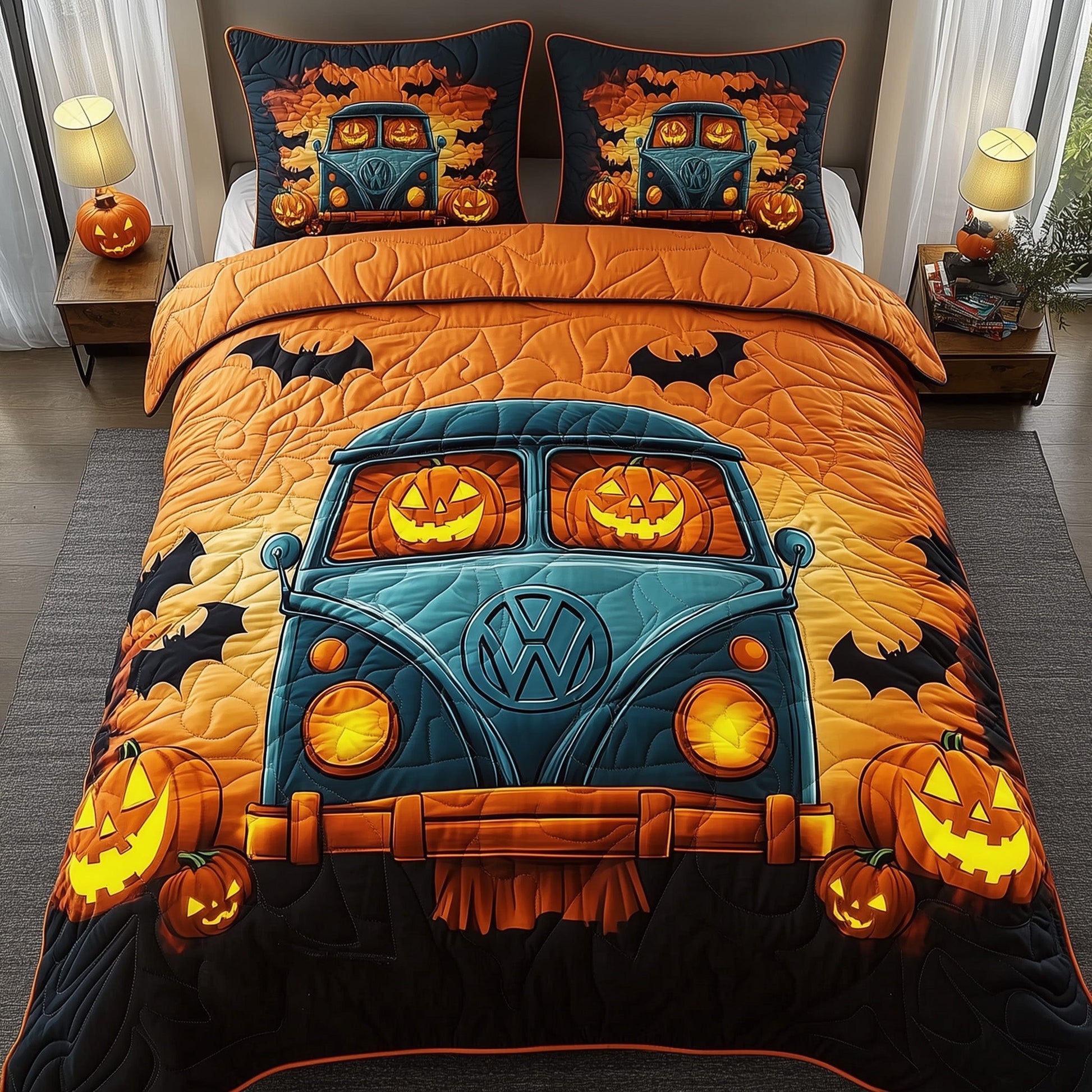 Spooky Ride Quilted Bedding Set Trick Or Treat Pumpkin Spooky Halloween Bedroom Gifts - Bancroftclothings