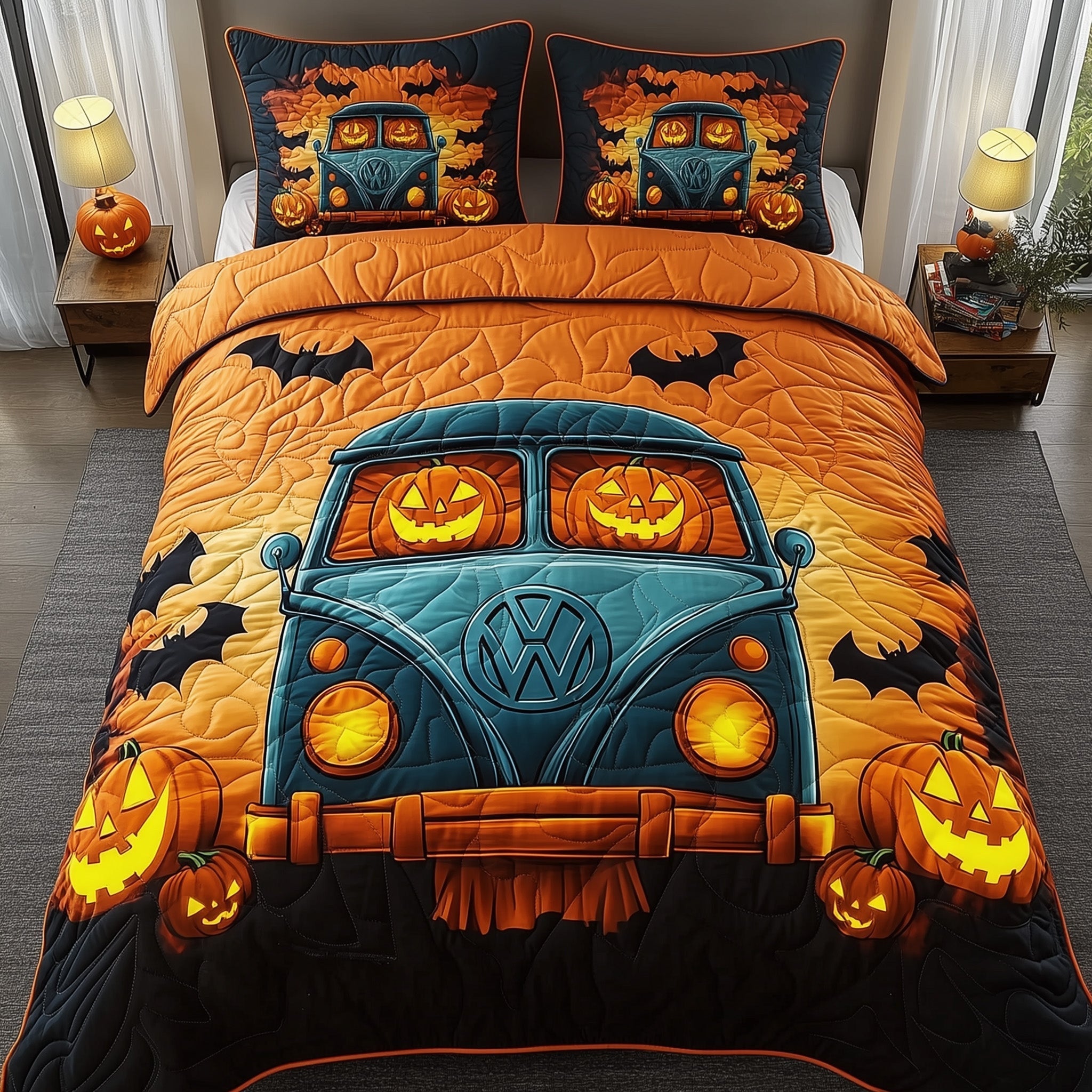 Spooky Ride Quilted Bedding Set Trick Or Treat Pumpkin Spooky Halloween Bedroom Gifts - Bancroftclothings