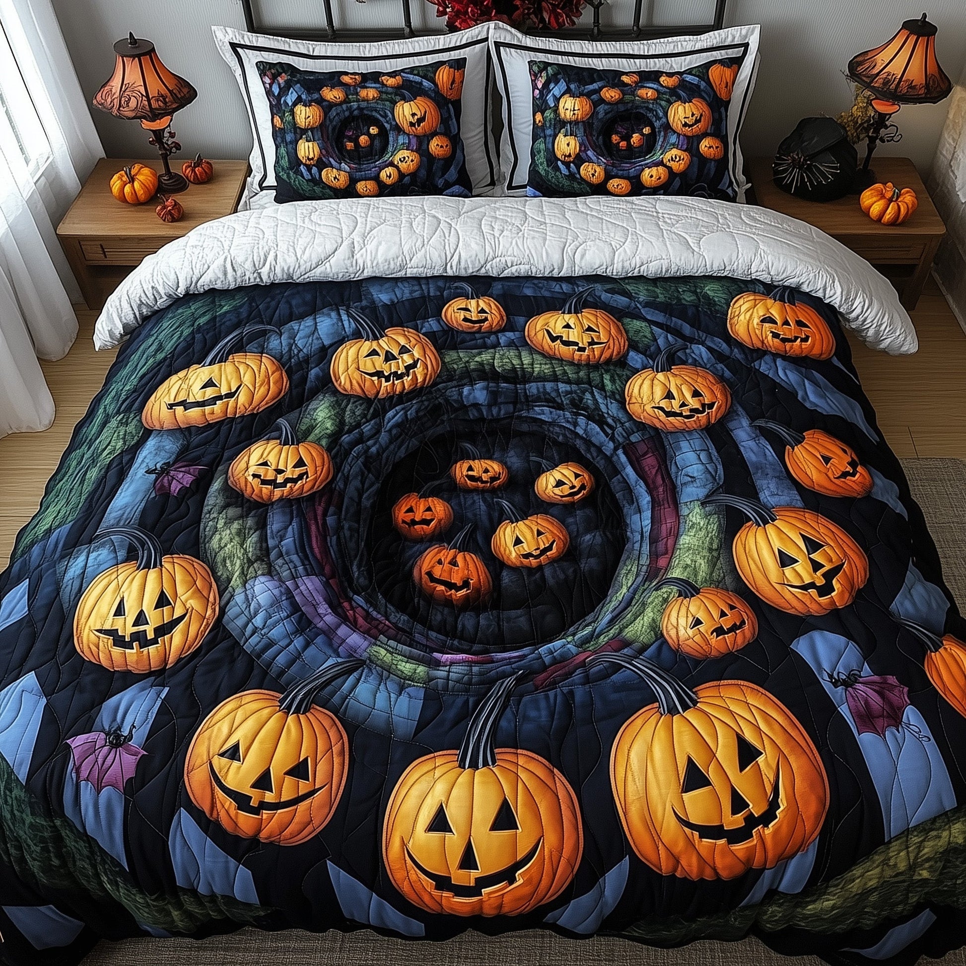 Spooky Site Quilted Bedding Set Creepy Pumpkin Spiral Design Bedding Spooky Halloween Gifts - Bancroftclothings