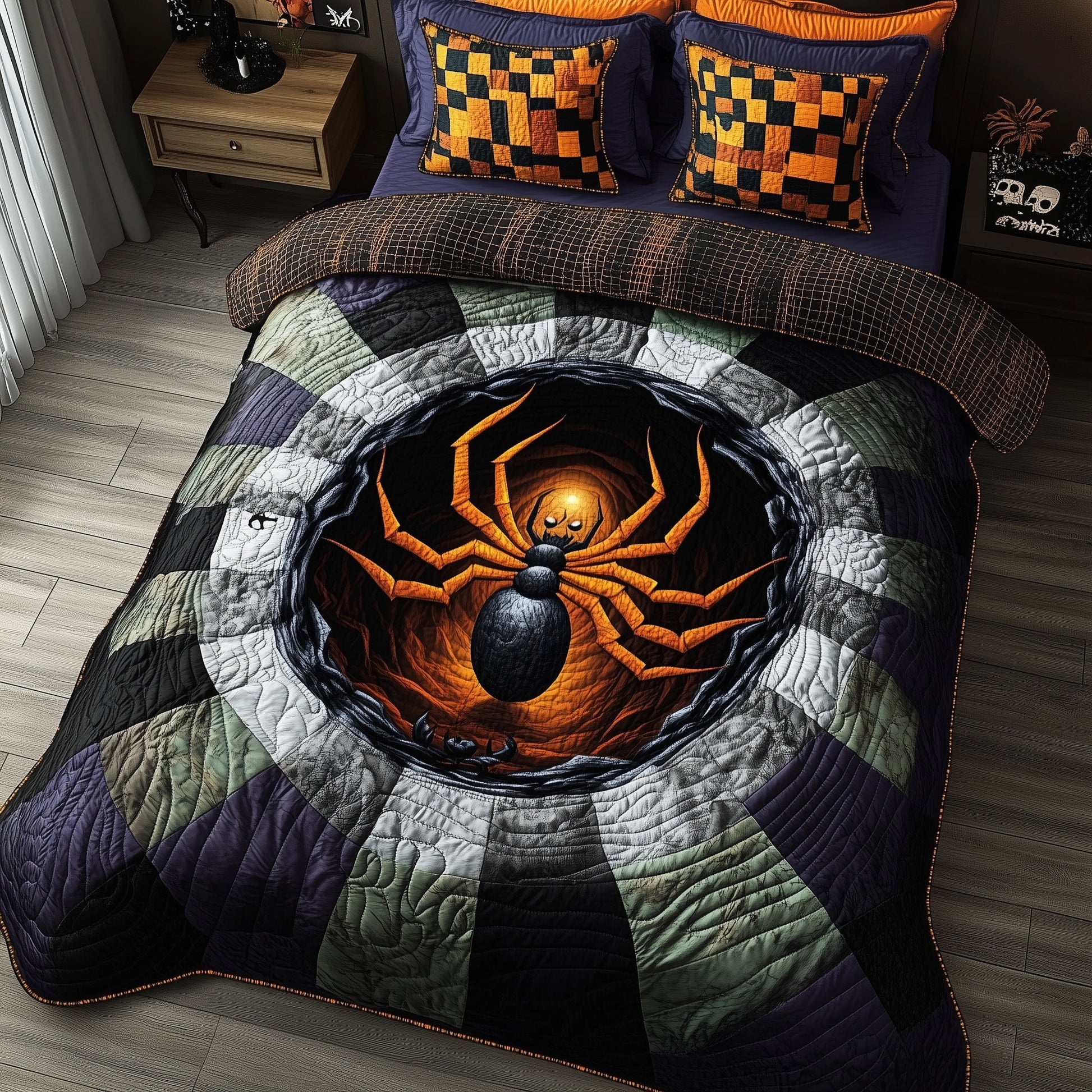 Spooky Site Quilted Bedding Set Creepy Spider Design Bedding Spooky Halloween Gifts - Bancroftclothings