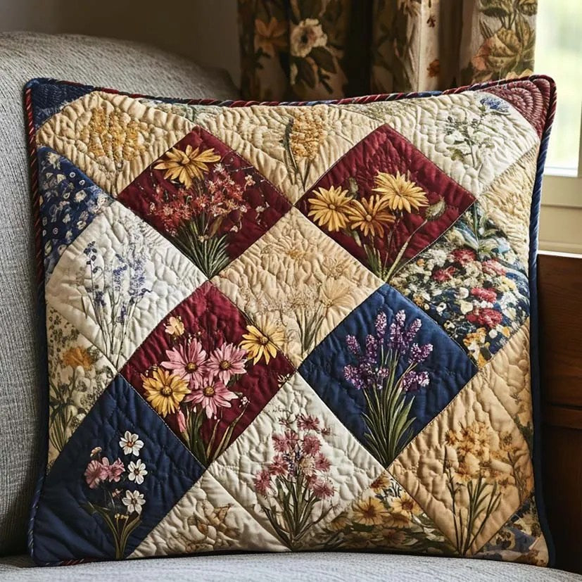 Spring Flowers Patchwork Quilted Pillow Case Flower Pattern Cozy Home Decor Gifts For Mom - Bancroftclothings