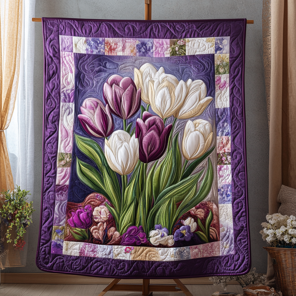 Springtime Comfort Quilted Blanket Christmas Throw Blanket Unique Gifts For Tulip Lovers - Bancroftclothings