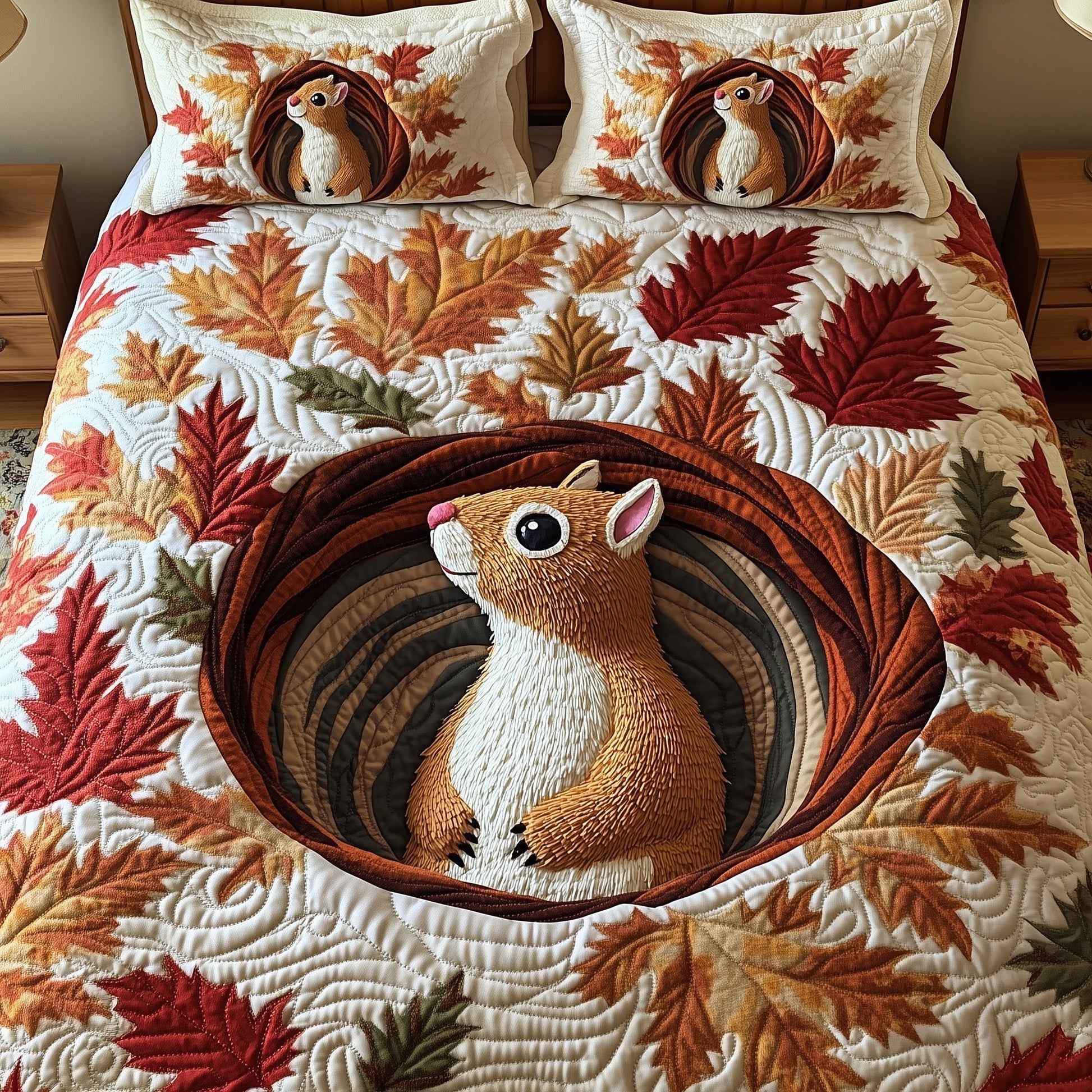 Squirrel Drey Quilted Bedding Set Cozy Autumn Vibes Best Cute Fall Squirrel Bedroom Gift Ideas - Bancroftclothings