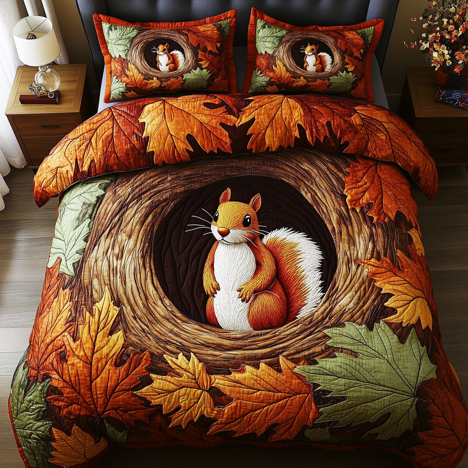 Squirrel Drey Quilted Bedding Set Cozy Autumn Vibes Best Falling for Fall Bedroom Gift Ideas - Bancroftclothings