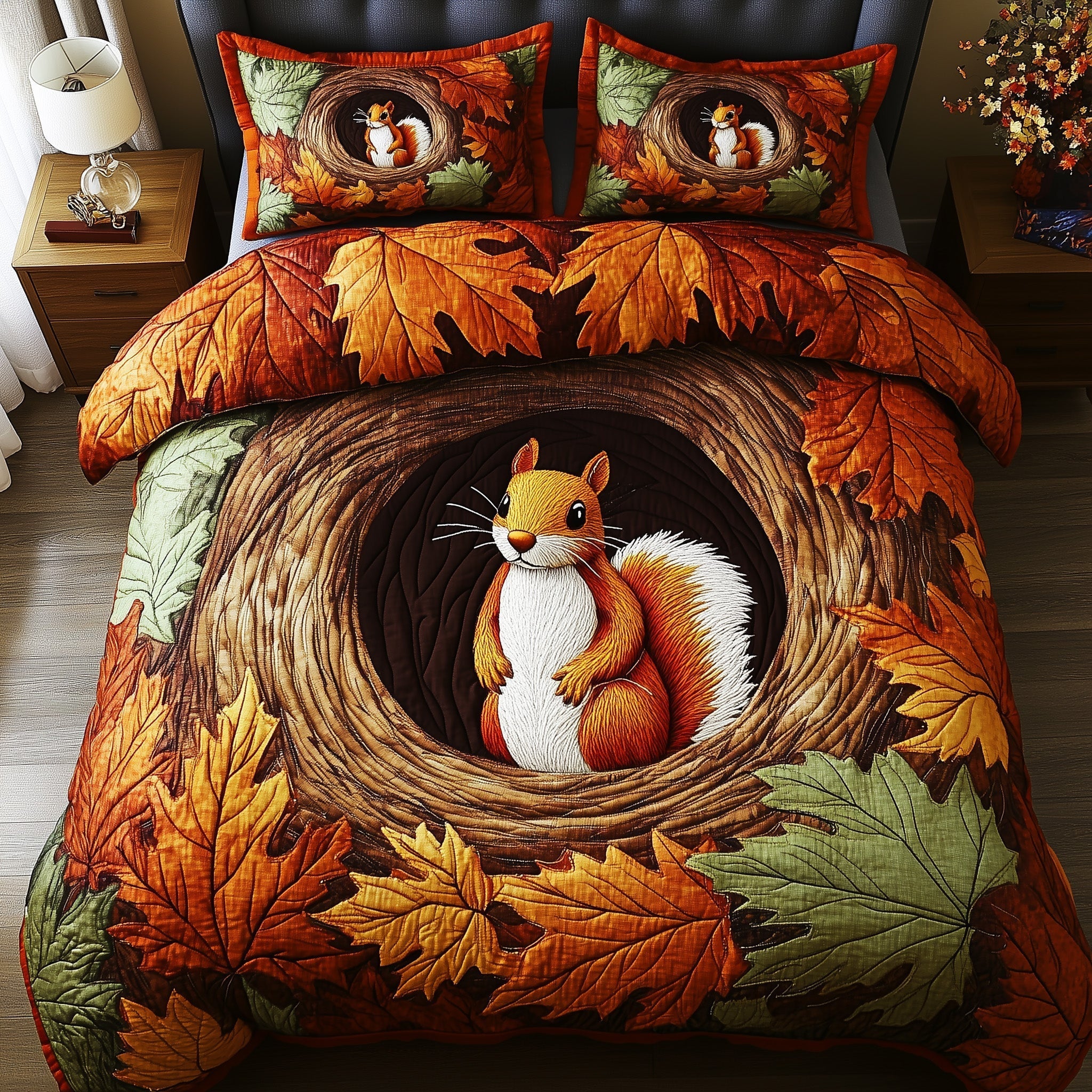 Squirrel Drey Quilted Bedding Set Cozy Autumn Vibes Best Falling for Fall Bedroom Gift Ideas - Bancroftclothings