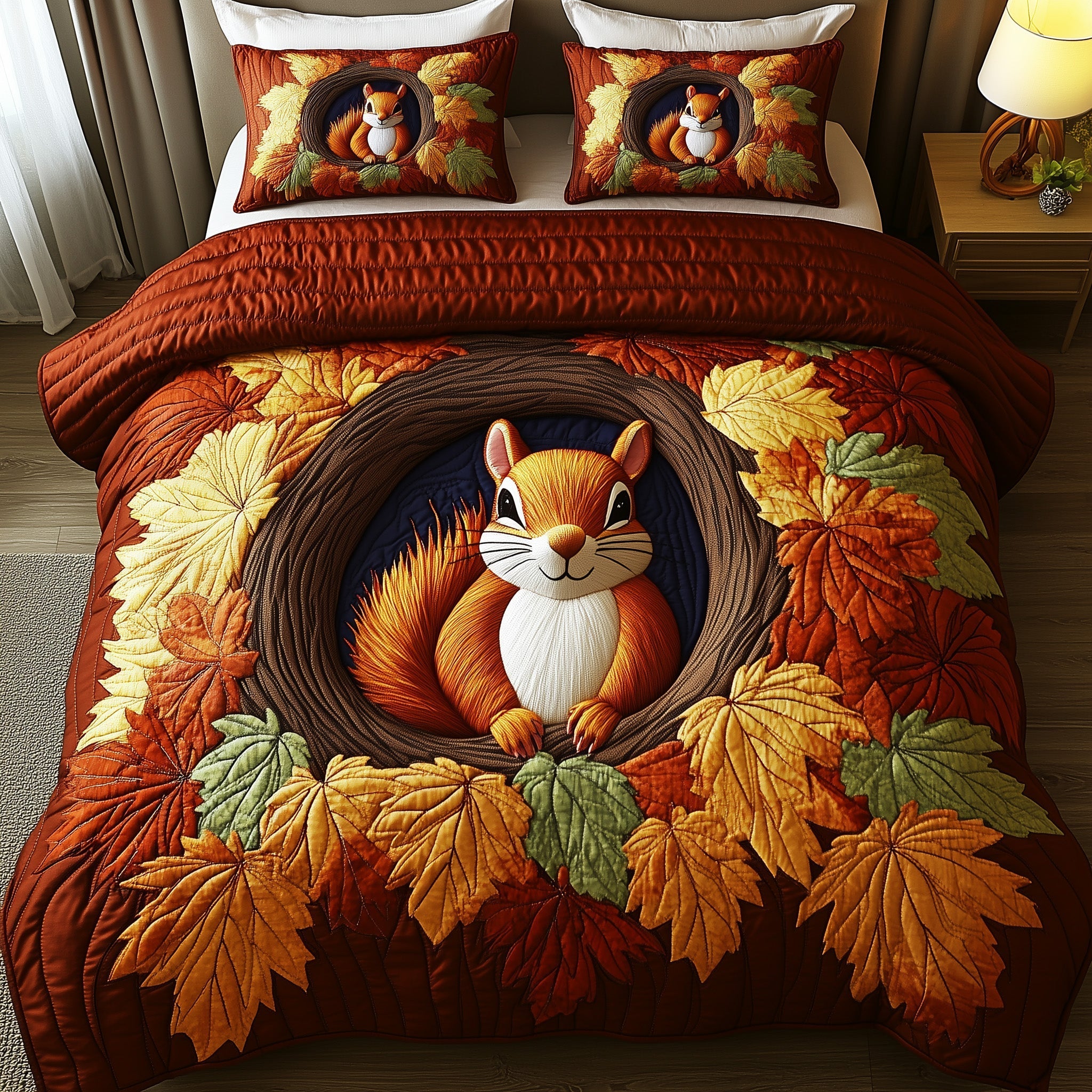 Squirrel Drey Quilted Bedding Set Cozy Autumn Vibes Best Maple Leafs Bedroom Gift Ideas - Bancroftclothings
