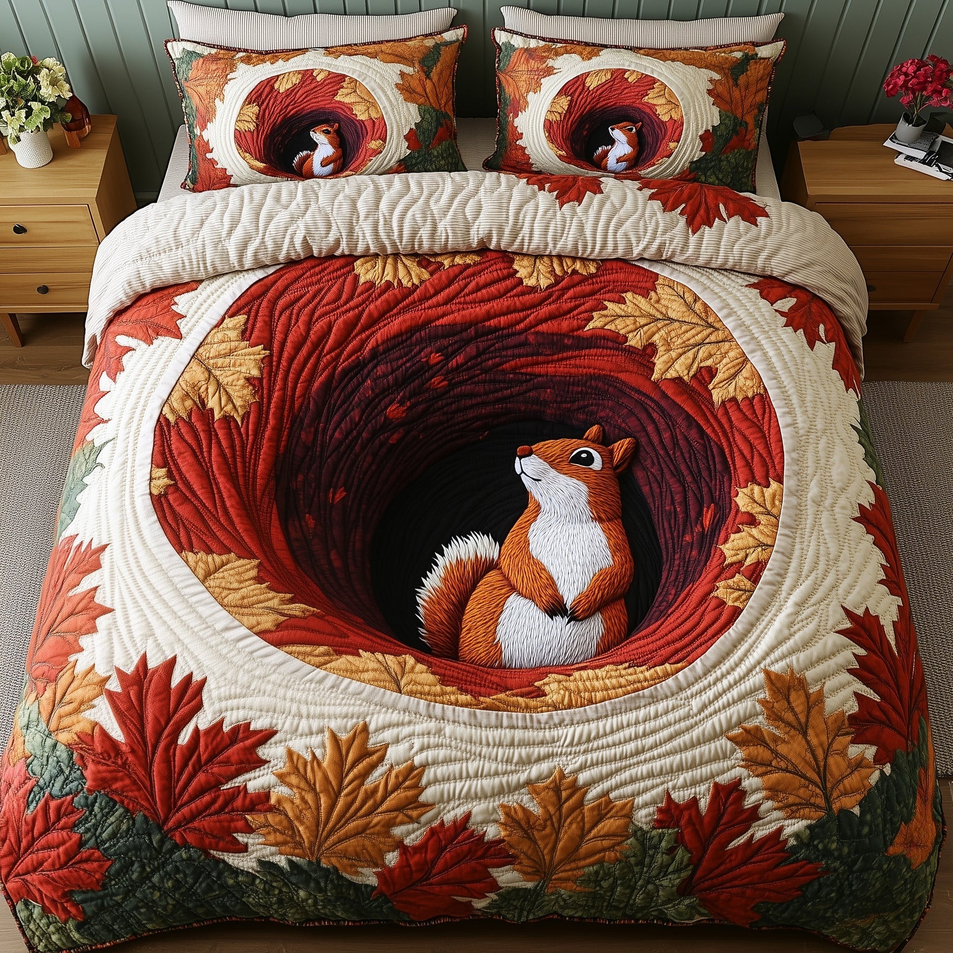 Squirrel Drey Quilted Bedding Set Rustic Autumn Best Fall Squirrel Bedroom Gift Ideas - Bancroftclothings