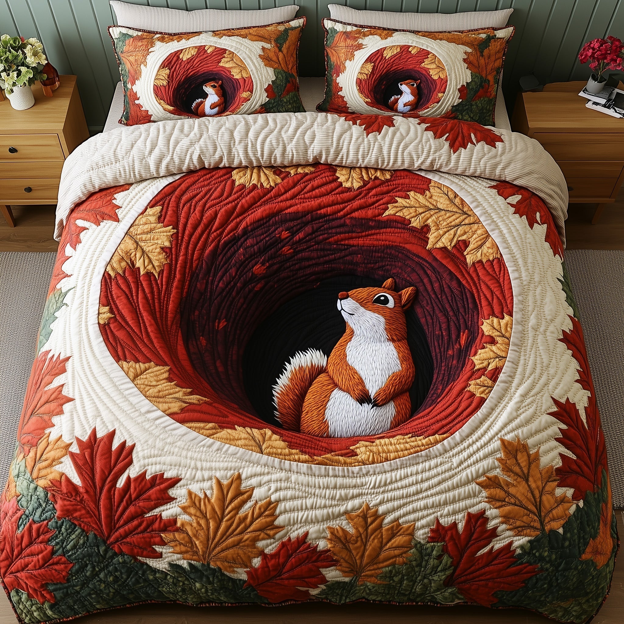 Squirrel Drey Quilted Bedding Set Rustic Autumn Best Fall Squirrel Bedroom Gift Ideas - Bancroftclothings