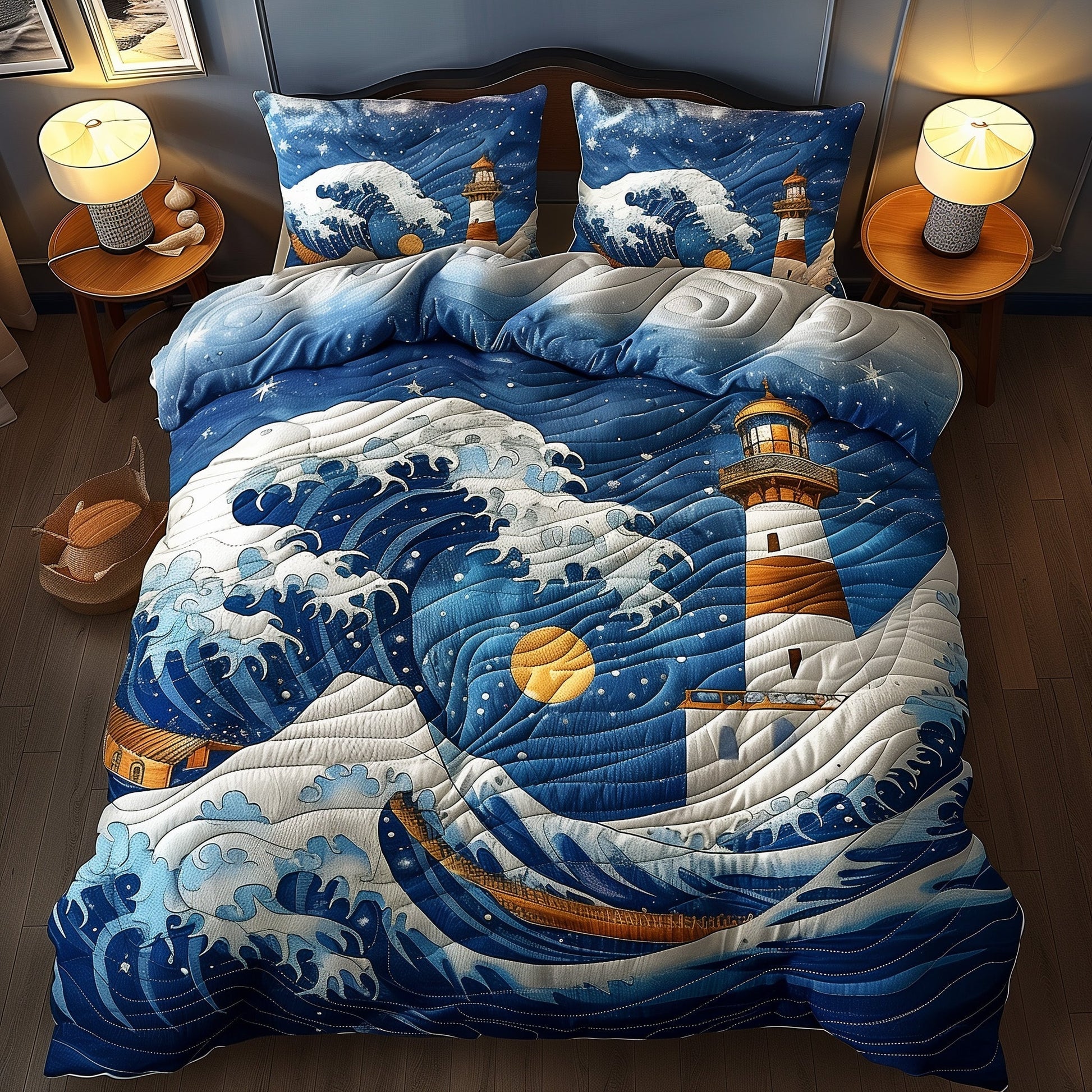 Starry Lighthouse Quilted Bedding Set Nautical Night Decor Unique Bedding Gifts - Bancroftclothings