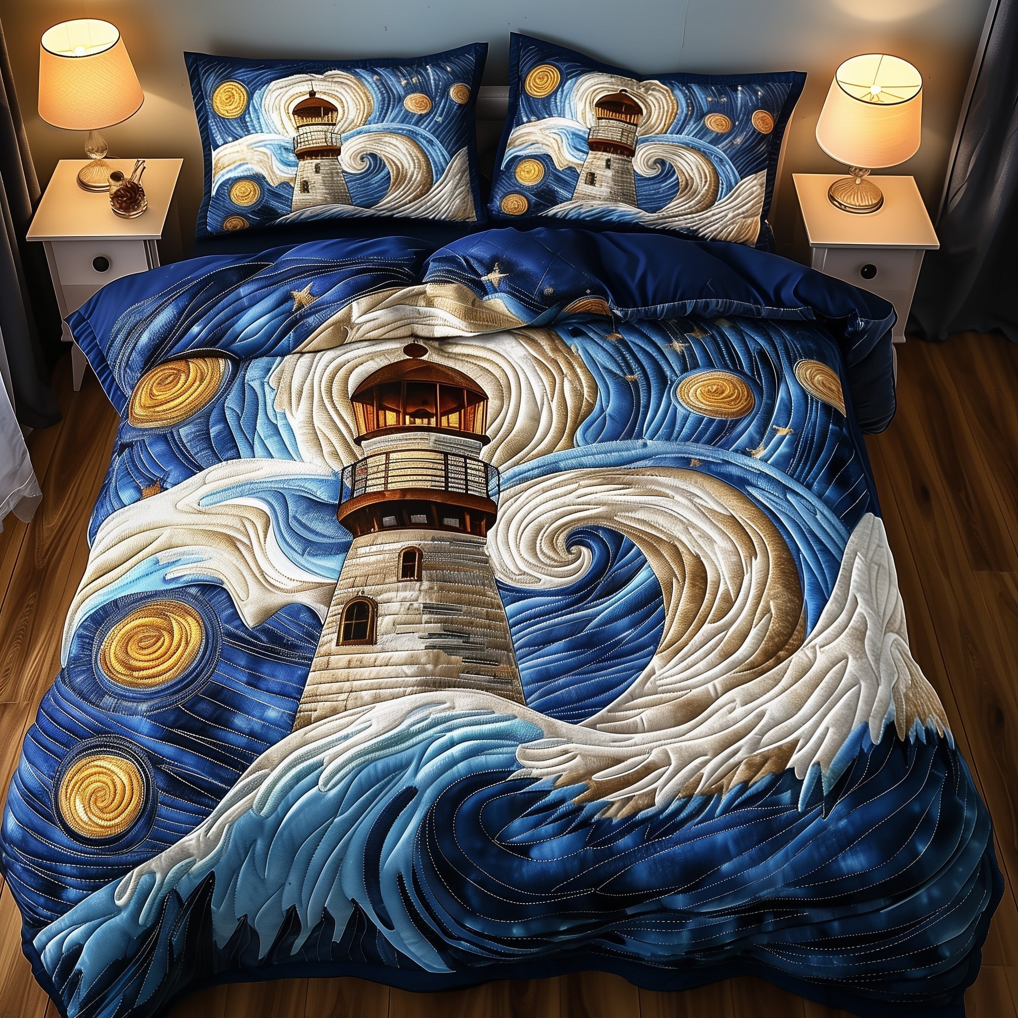 Starry Lighthouse Quilted Bedding Set Starry Sky Lighthouse Decor Bedding Gifts - Bancroftclothings