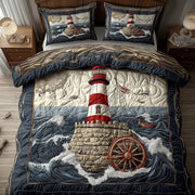 Stormy Lighthouse Quilted Bedding Set Seaside Landmark Best Ocean Decor Bedding Gifts - Bancroftclothings