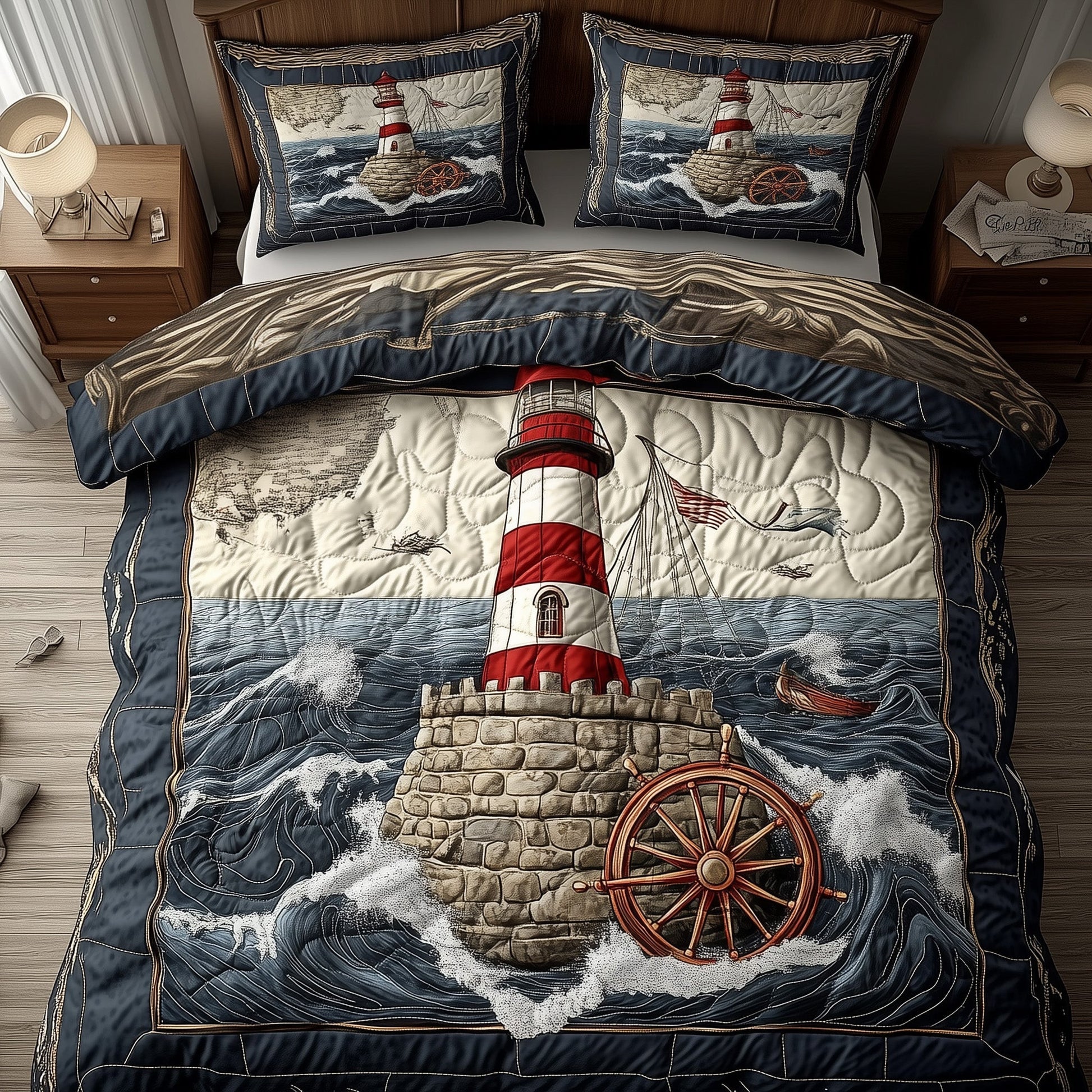 Stormy Lighthouse Quilted Bedding Set Seaside Landmark Best Ocean Decor Bedding Gifts - Bancroftclothings