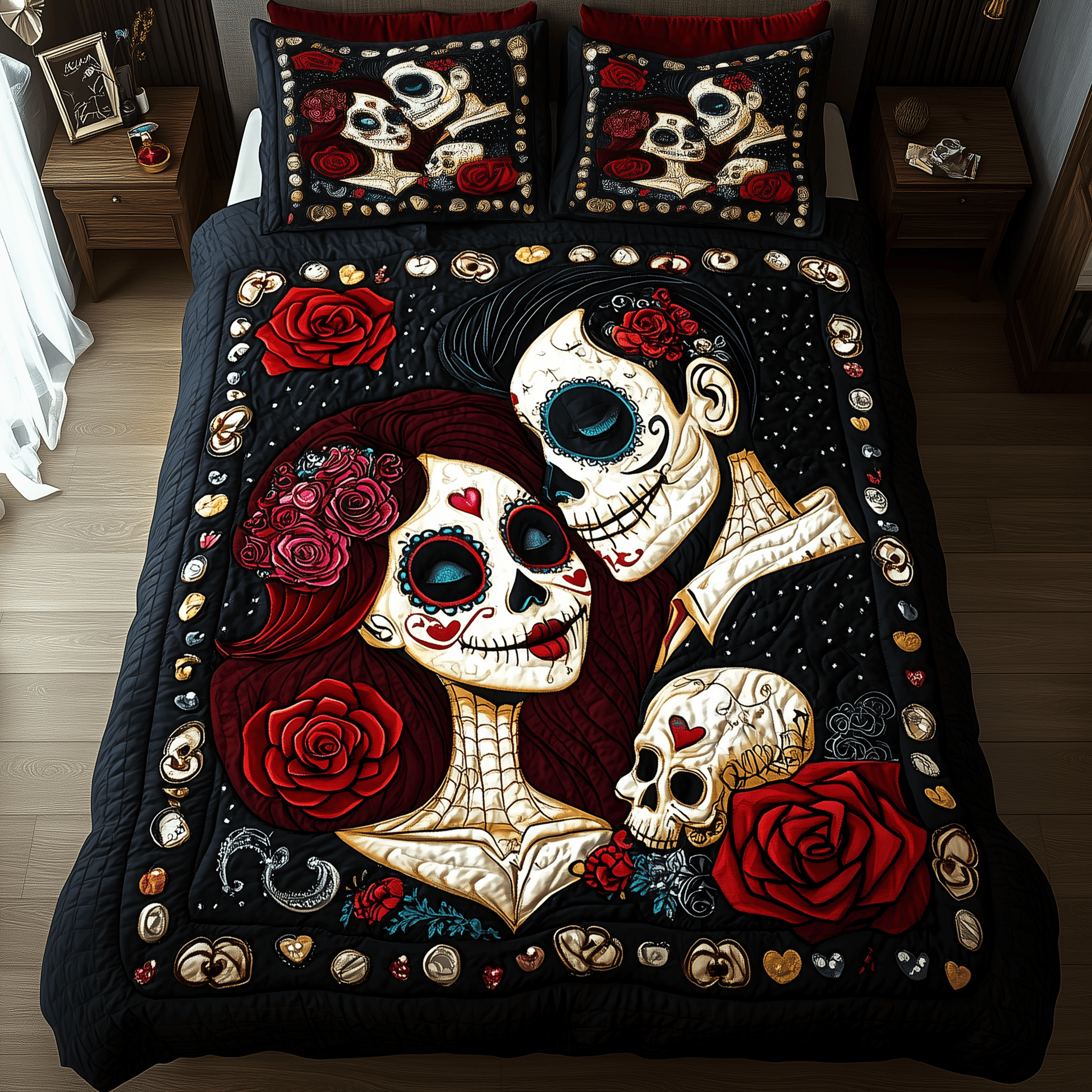 Sugar Skull Couple Quilted Bedding Set Stay warm this winter Best Christmas Gifts For Women - Bancroftclothings