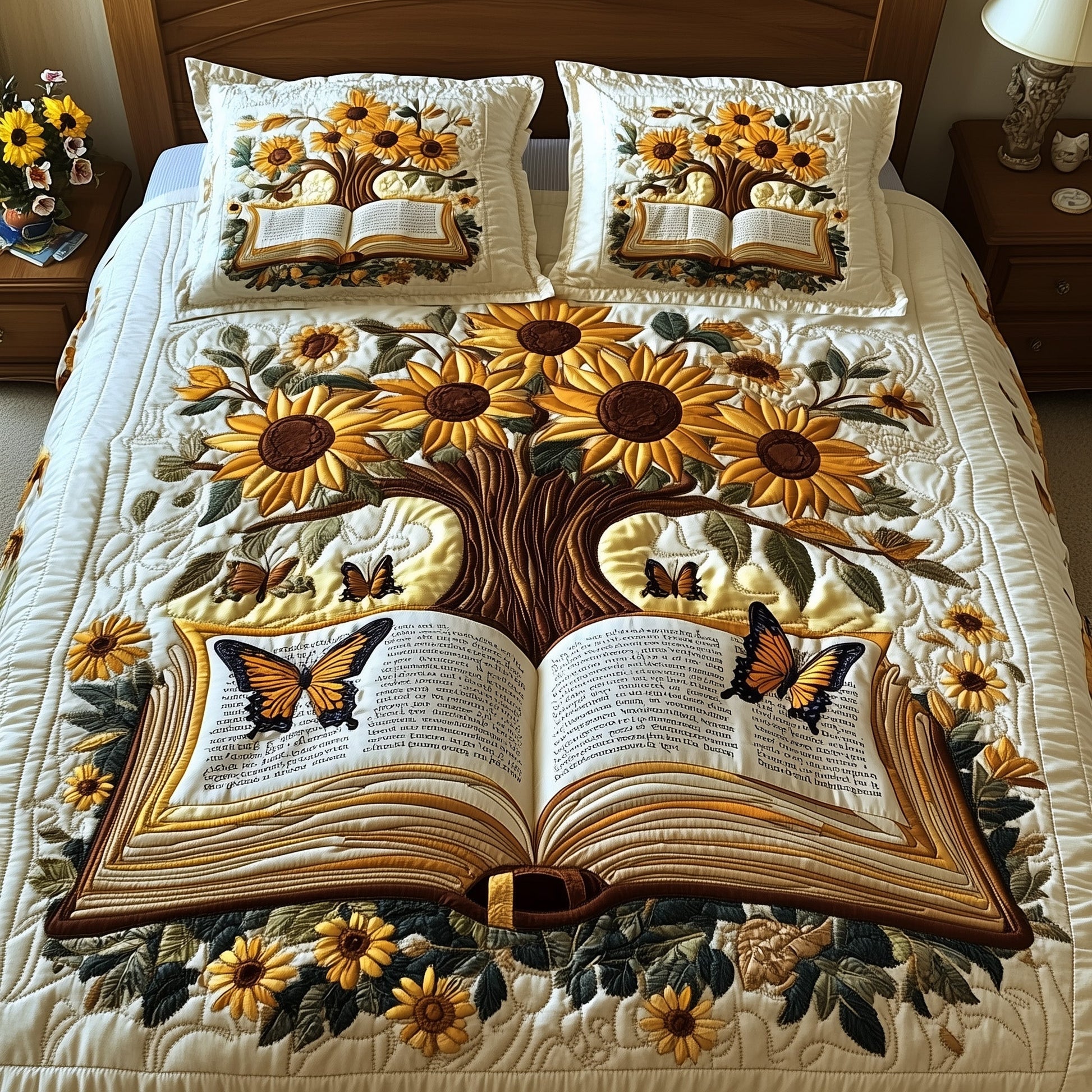 Sunflower Book Quilted Bedding Set Blooming Book Flower Themed Bedding Gifts - Bancroftclothings