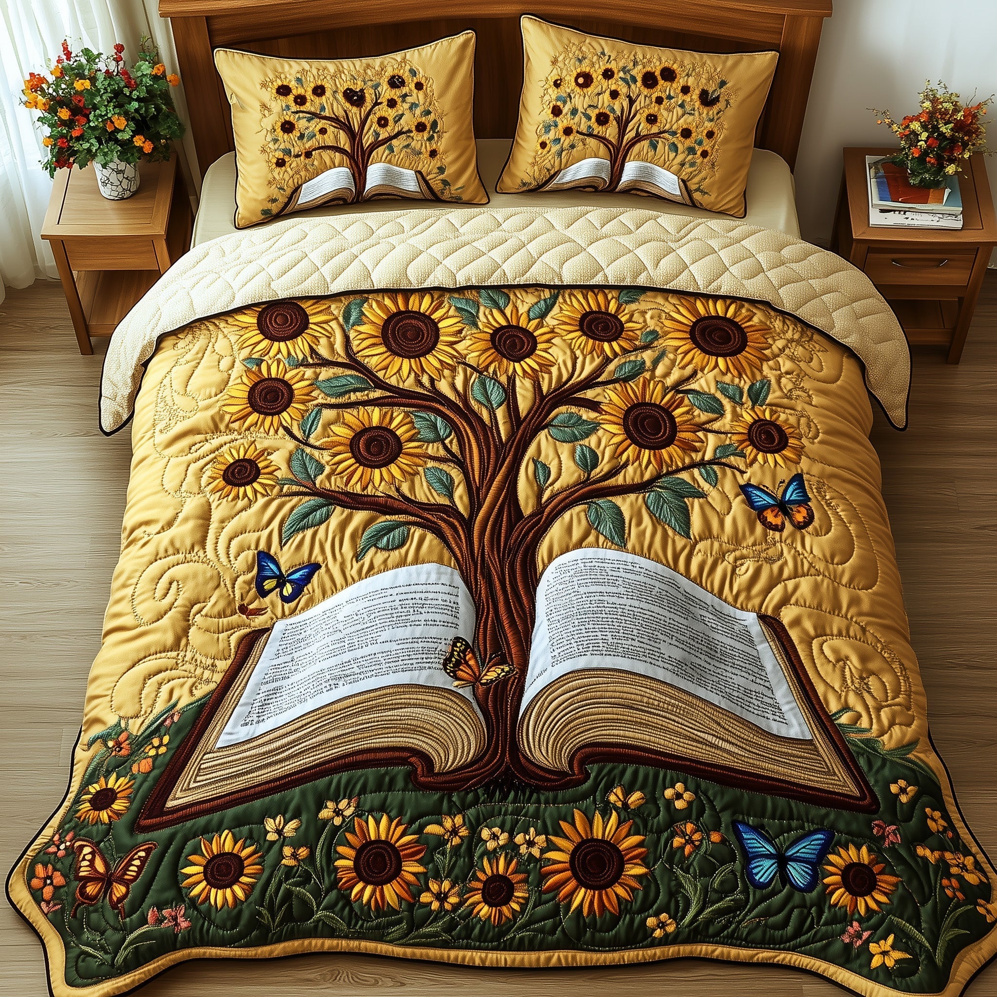 Sunflower Book Quilted Bedding Set Blooming Book Flower Themed Bedding Presents - Bancroftclothings