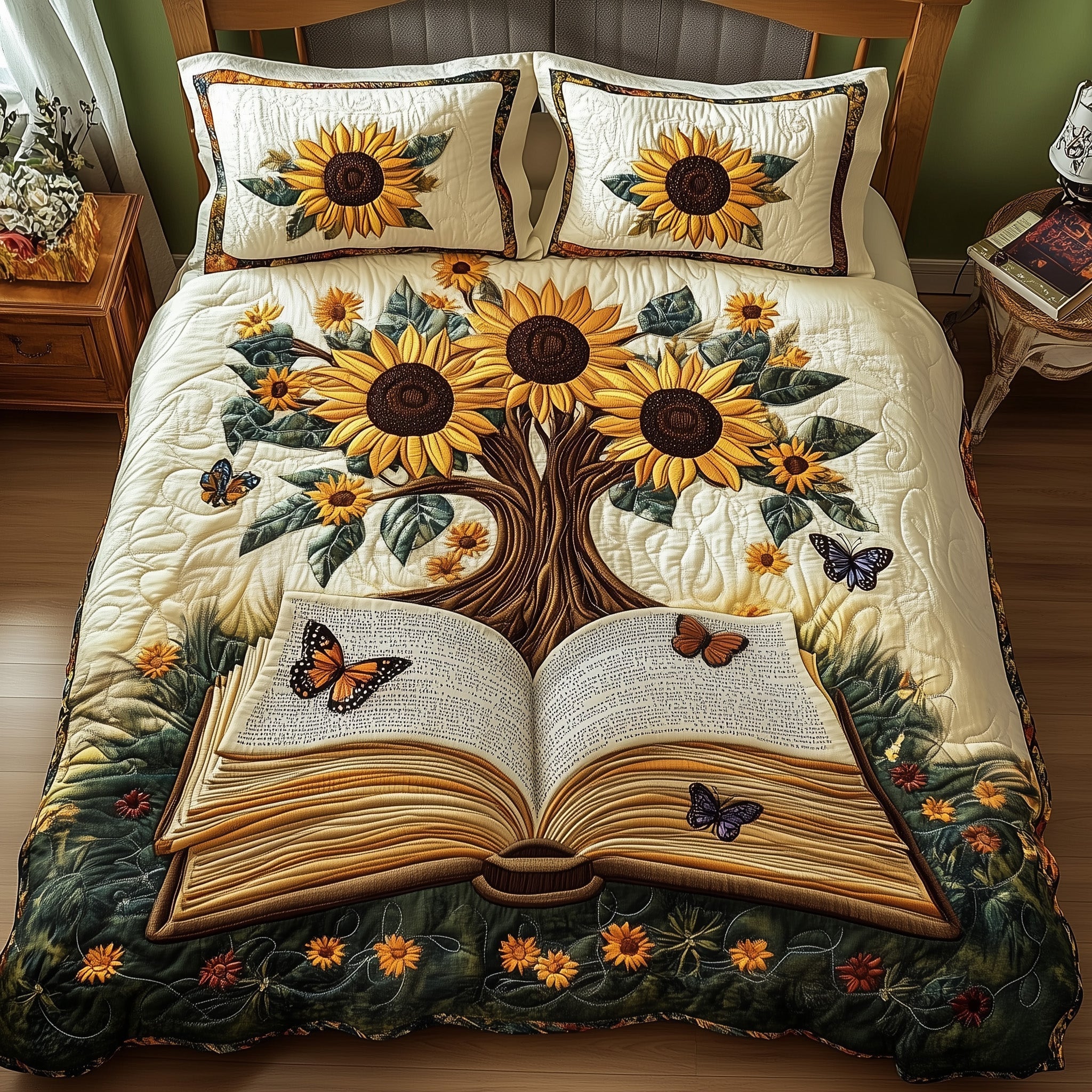 Sunflower Book Quilted Bedding Set Blooming Book Sunflower Design Bedding Gifts - Bancroftclothings
