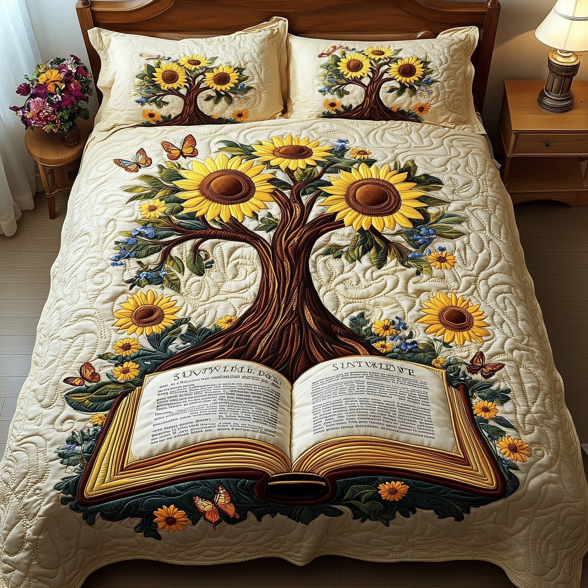Sunflower Book Quilted Bedding Set Blooming Book Sunflower Themed Bedding Gifts - Bancroftclothings