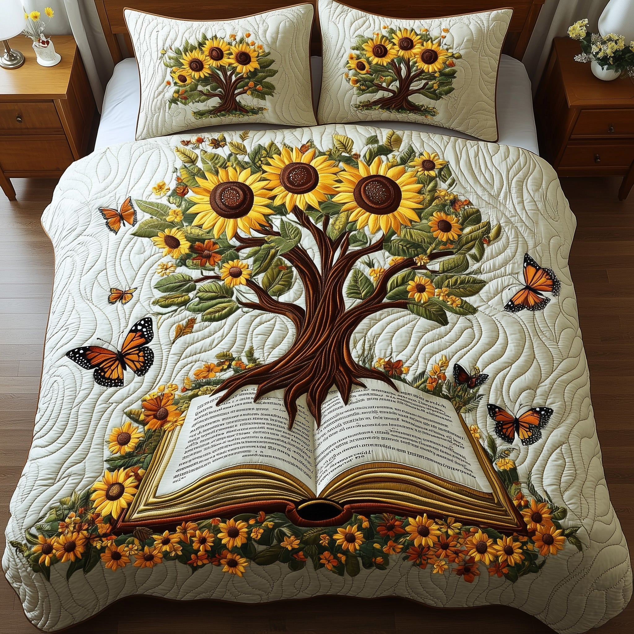 Sunflower Book Quilted Bedding Set Sunflowers Reads Book Floral Themed Bedding Gifts - Bancroftclothings