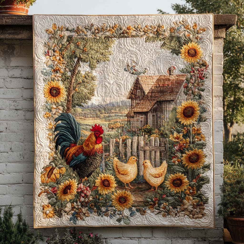 Sunflower Rooster Scene Quilted Blanket Cool Throw Blanket Gifts With Chickens On Them - Bancroftclothings