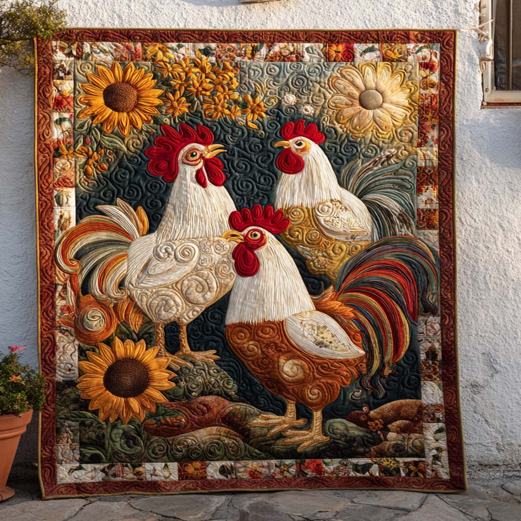 Sunflower Trio Roosters Quilted Blanket Winter Decor Blanket Best Gifts For Chicken Owners - Bancroftclothings