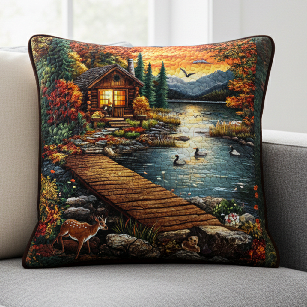 Sunset Cabin Lake Quilted Pillow Case Throw Pillow Covers Family Gift Ideas - Bancroftclothings