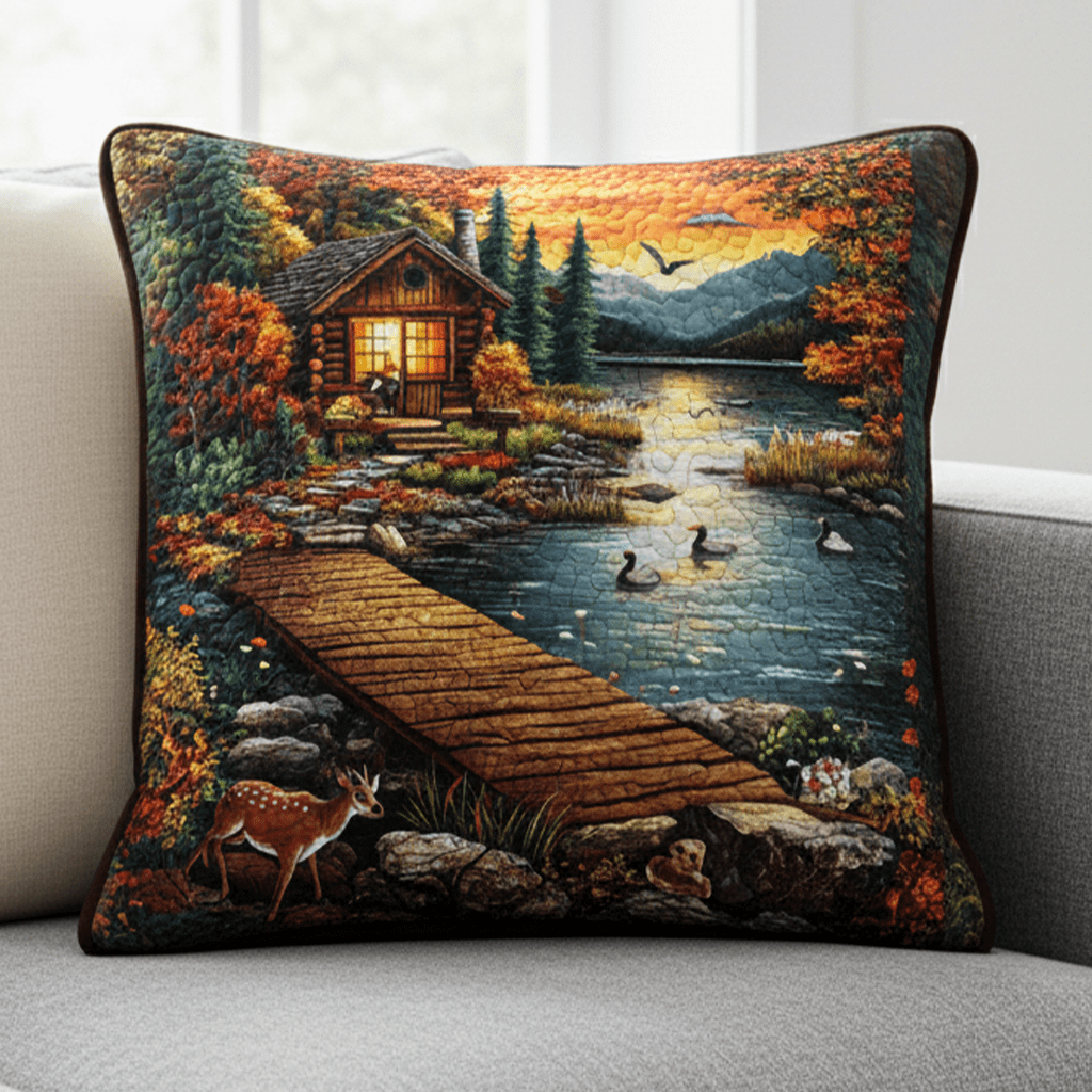 Sunset Cabin Lake Quilted Pillow Case Throw Pillow Covers Family Gift Ideas - Bancroftclothings