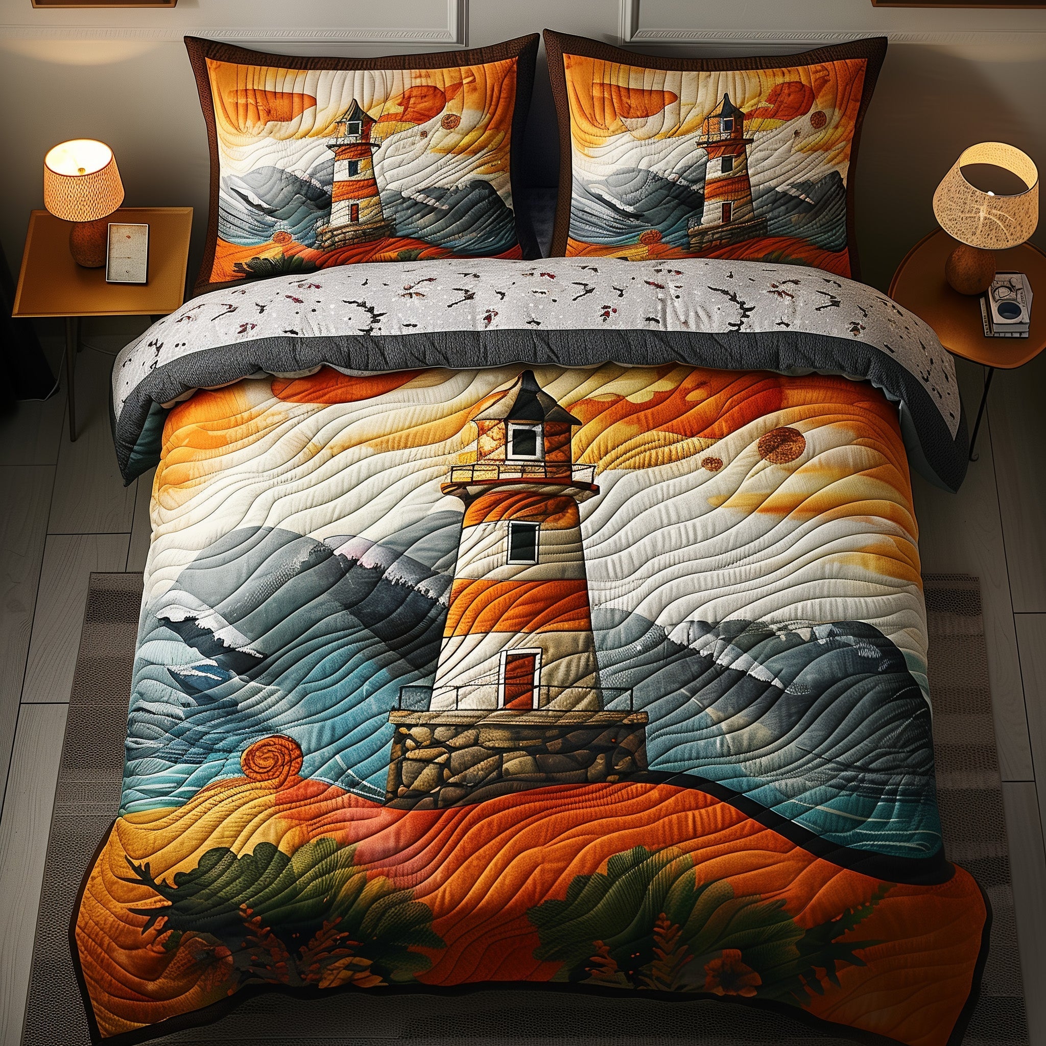 Sunset Lighthouse Quilted Bedding Set Lighthouse At Twilight Decor Unique Bedding Gifts - Bancroftclothings