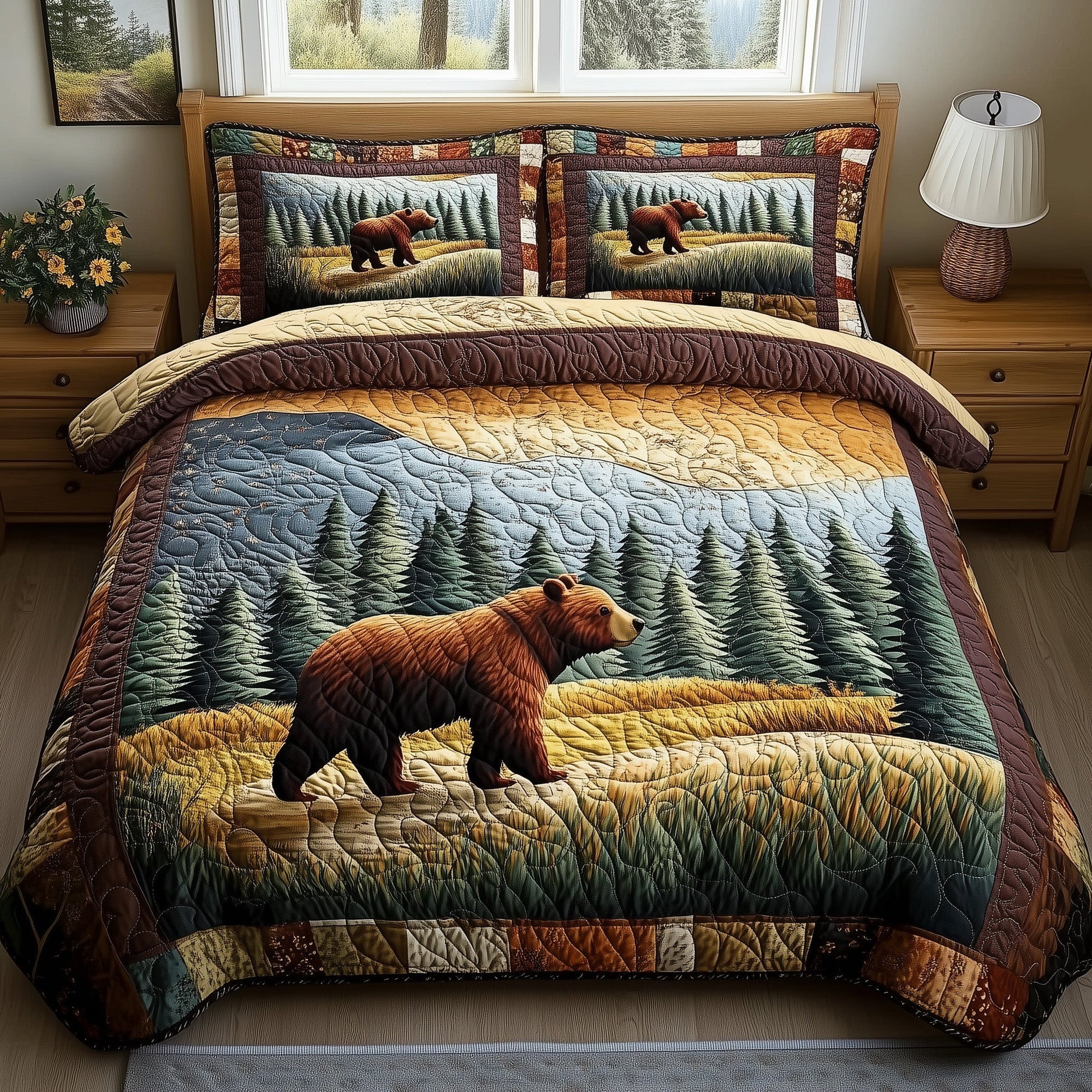 Sunset Wanderer Quilted Bedding Set Woodland Bear Nature Wanderer Scene Bedding Gifts - Bancroftclothings