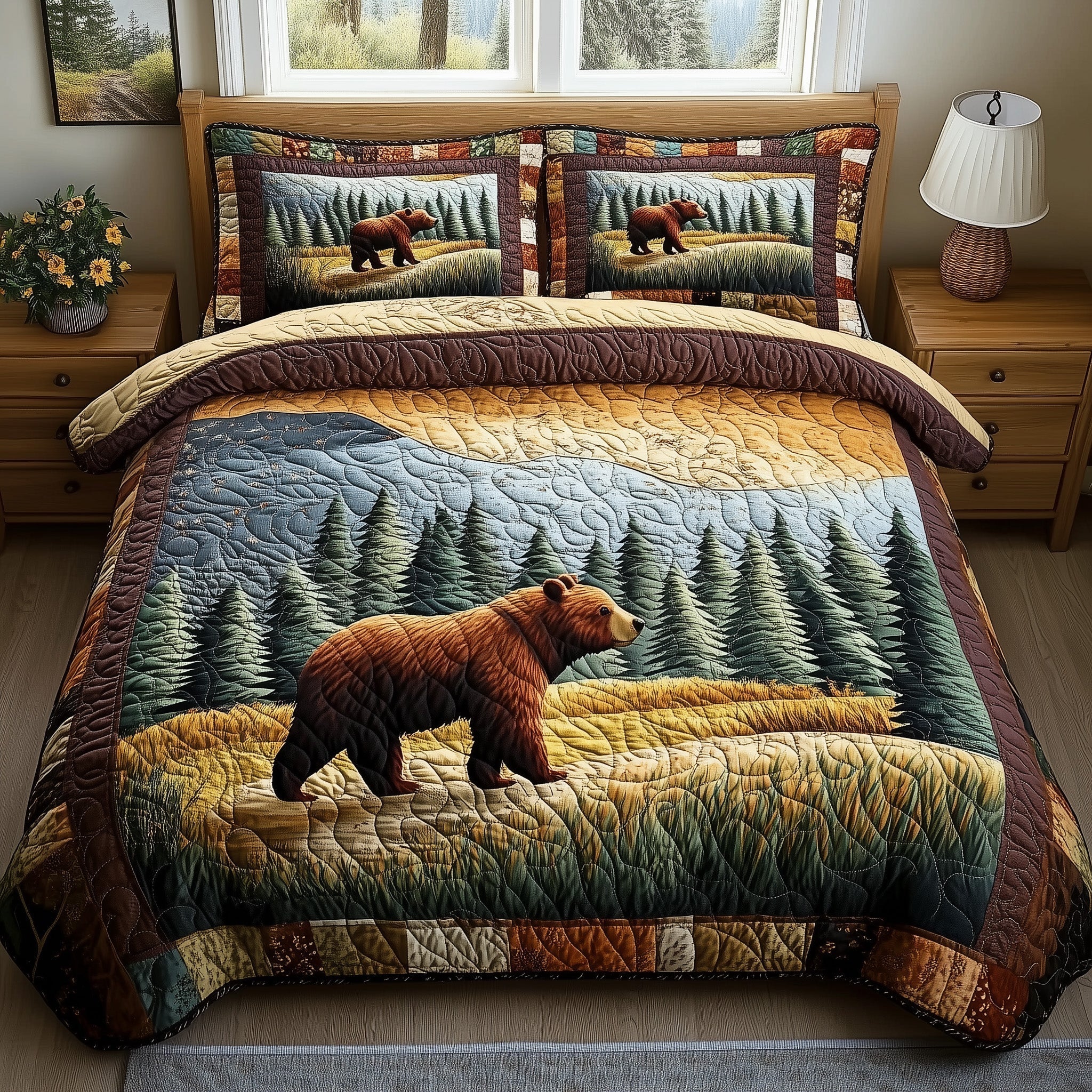 Sunset Wanderer Quilted Bedding Set Woodland Bear Nature Wanderer Scene Bedding Gifts - Bancroftclothings