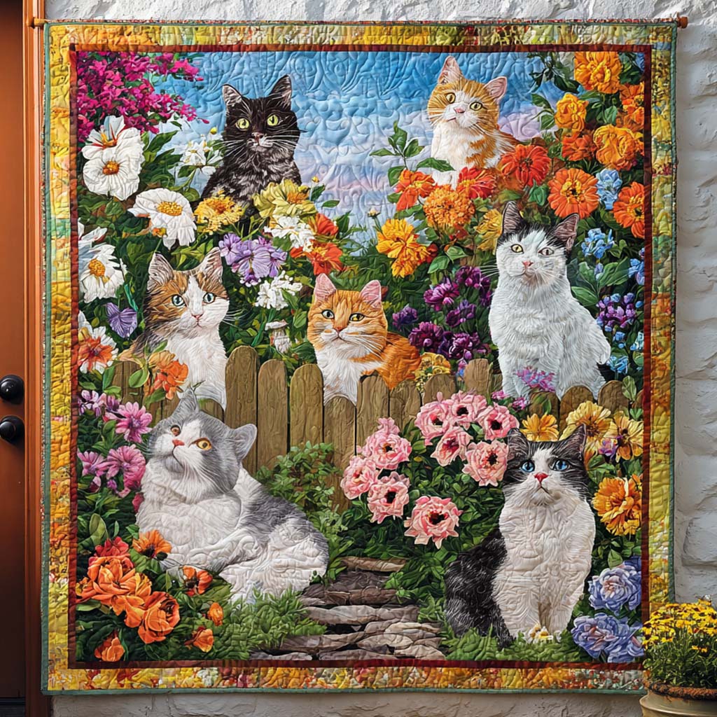 Sweet Flower Cat Quilted Blanket Xmas Holiday Gnome Themed Gifts - Bancroftclothings