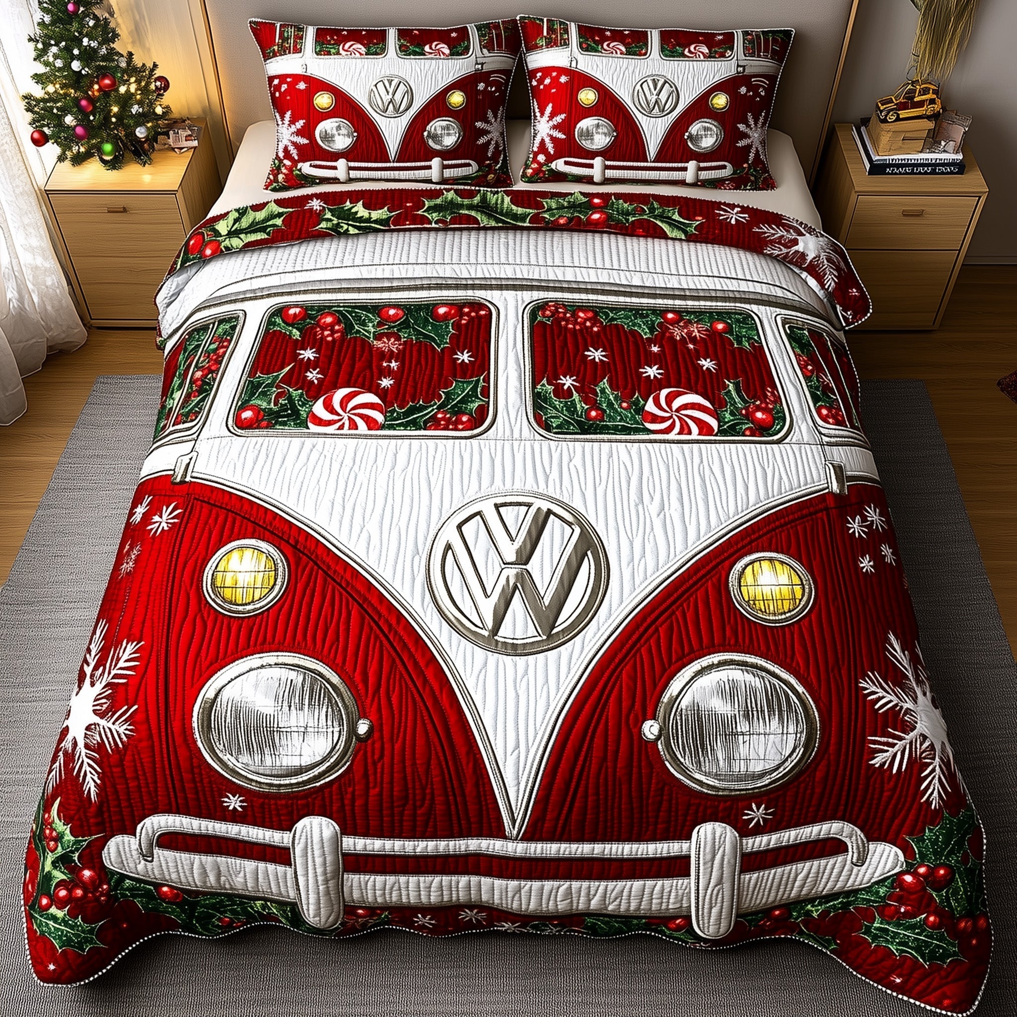 Sweet Stripe Quilted Bedding Set Christmas Safe Drive Decor Xmas Bedding Gifts - Bancroftclothings