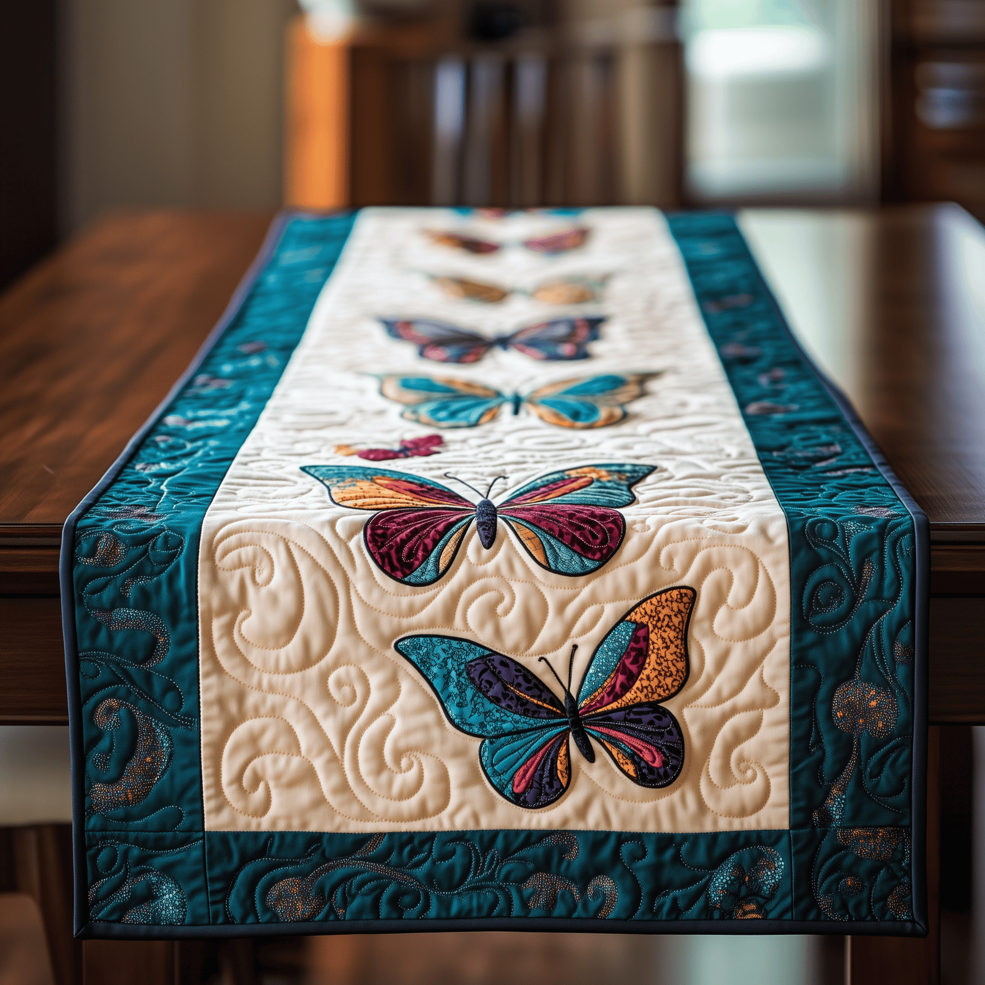 Teal Butterflies Quilted Table Runner Merchandise Butterfly Themed Gifts For Women Christmas - Bancroftclothings