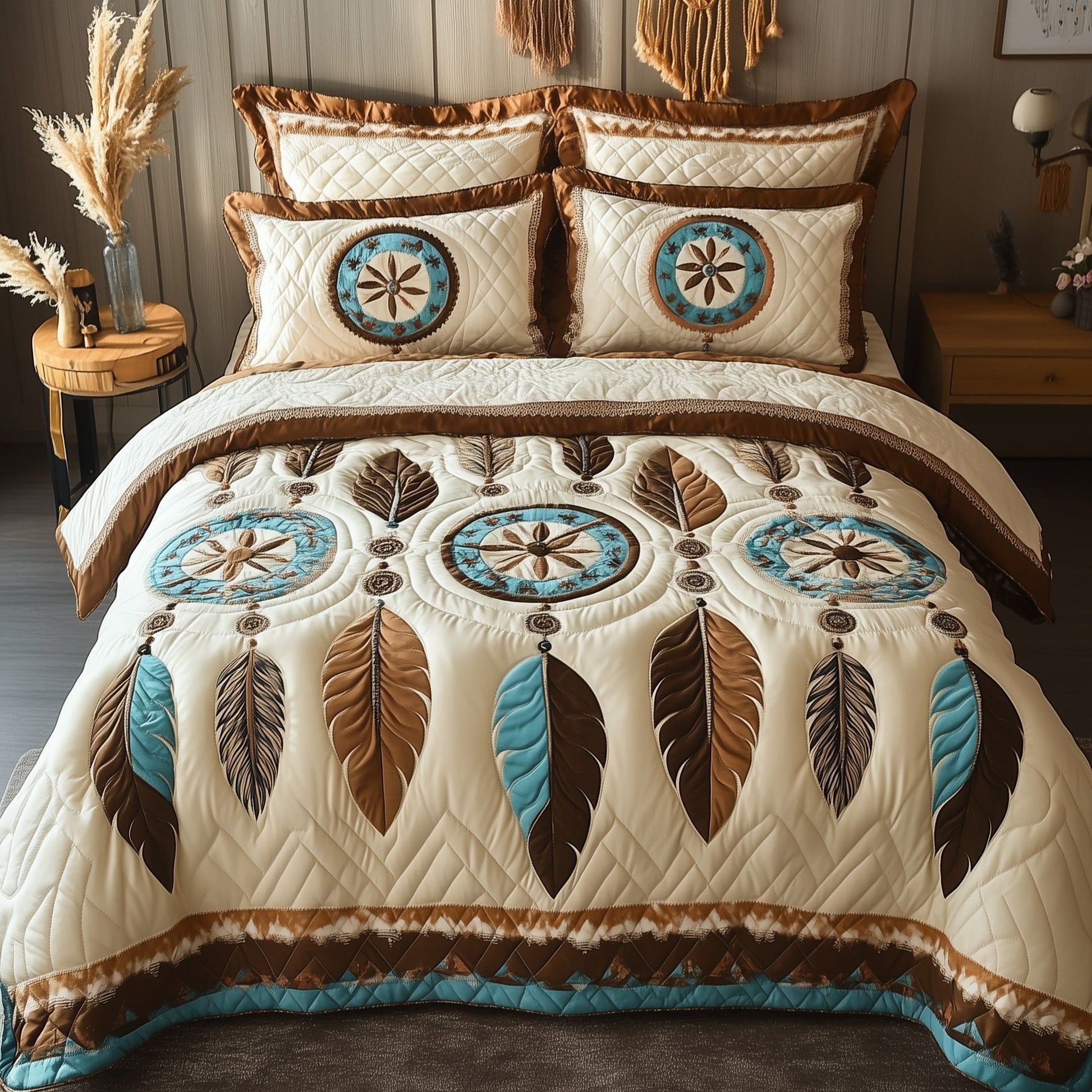 Tribal Soul Dreamcatcher Quilted Bedding Set Boho Feather Peaceful Sleep Theme Gifts Ideas - Bancroftclothings