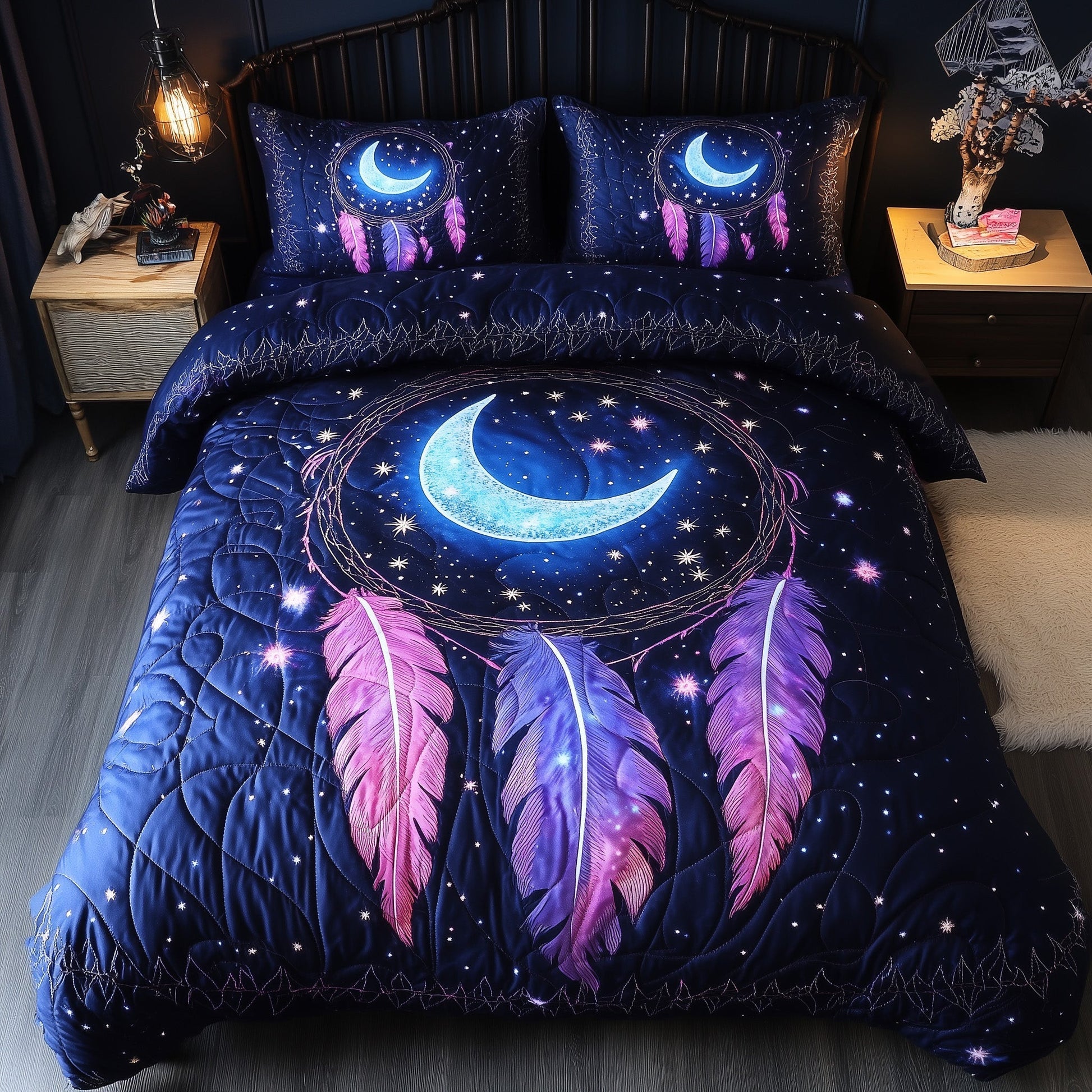 Tribal Soul Dreamcatcher Quilted Bedding Set Moon Dreamcatcher Peaceful Sleep Theme Presents - Bancroftclothings