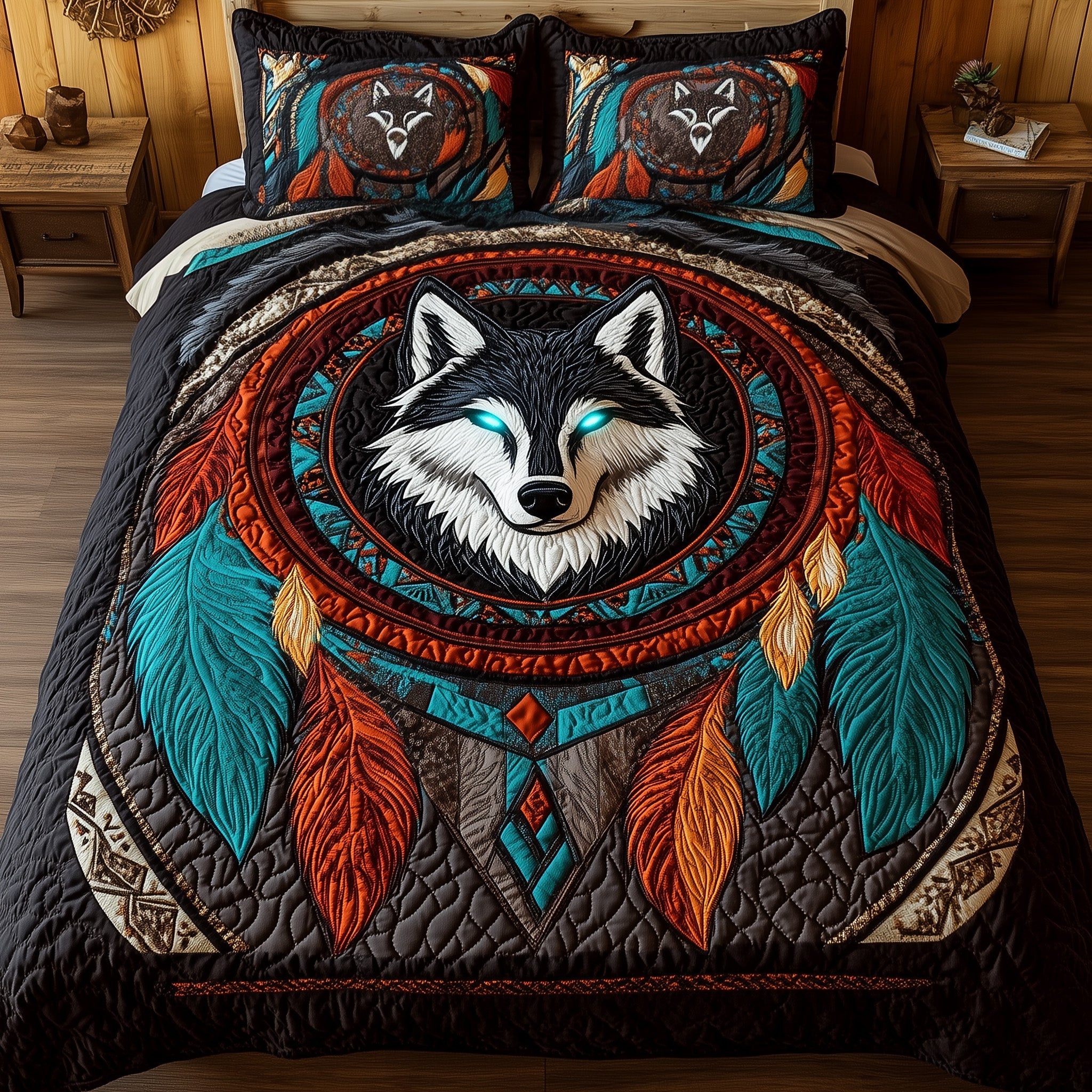 Tribal Soul Dreamcatcher Quilted Bedding Set Native Wolf Tribal Artwork Indigenous Inspired Gift - Bancroftclothings