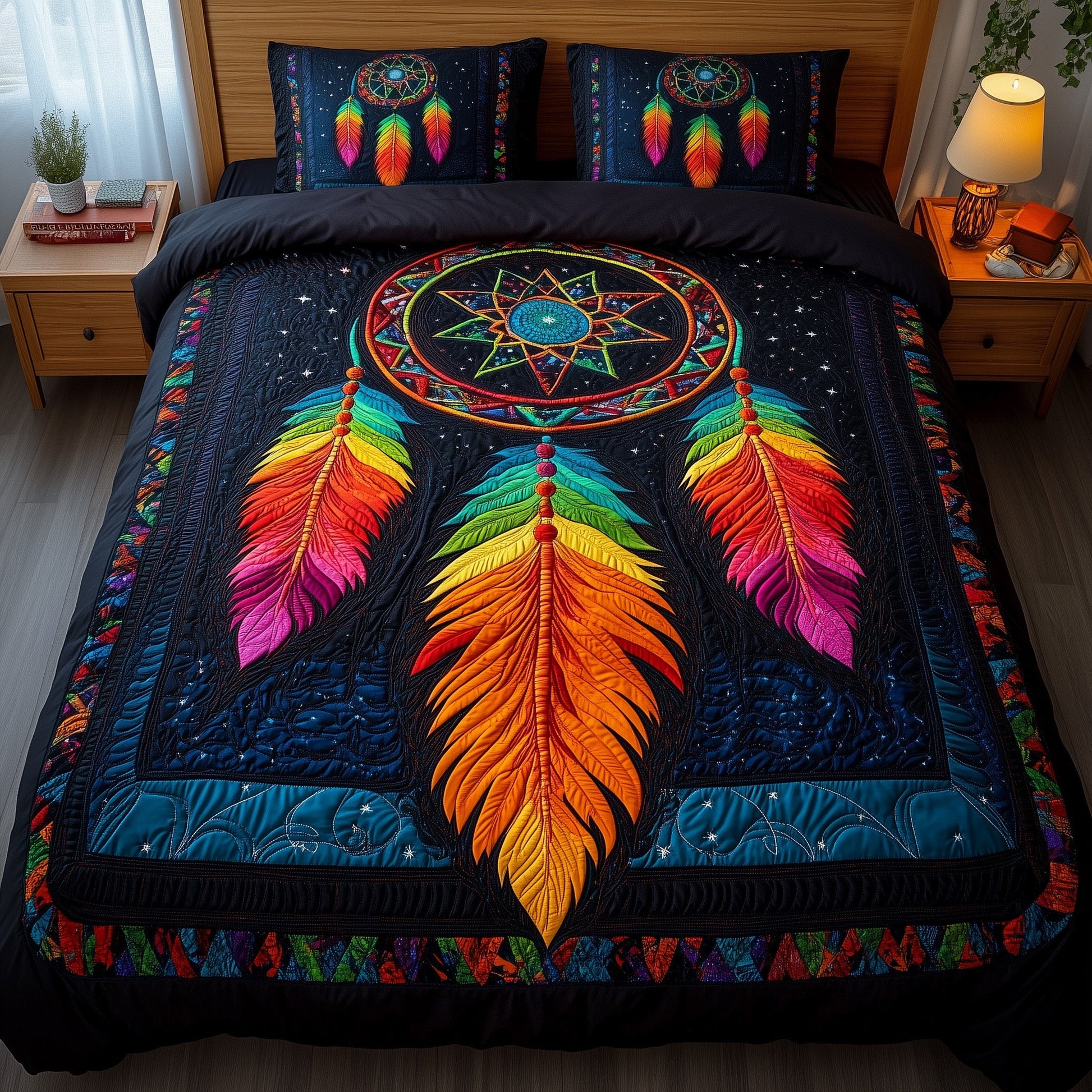 Tribal Soul Dreamcatcher Quilted Bedding Set Tribal Feather Artwork Peaceful Sleep Theme Gifts - Bancroftclothings