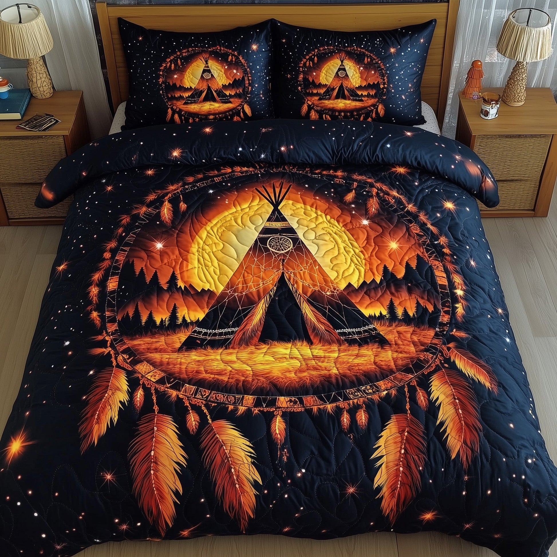 Tribal Soul Dreamcatcher Quilted Bedding Set Vibrant Orange And Black Native Inspired Design Gifts - Bancroftclothings