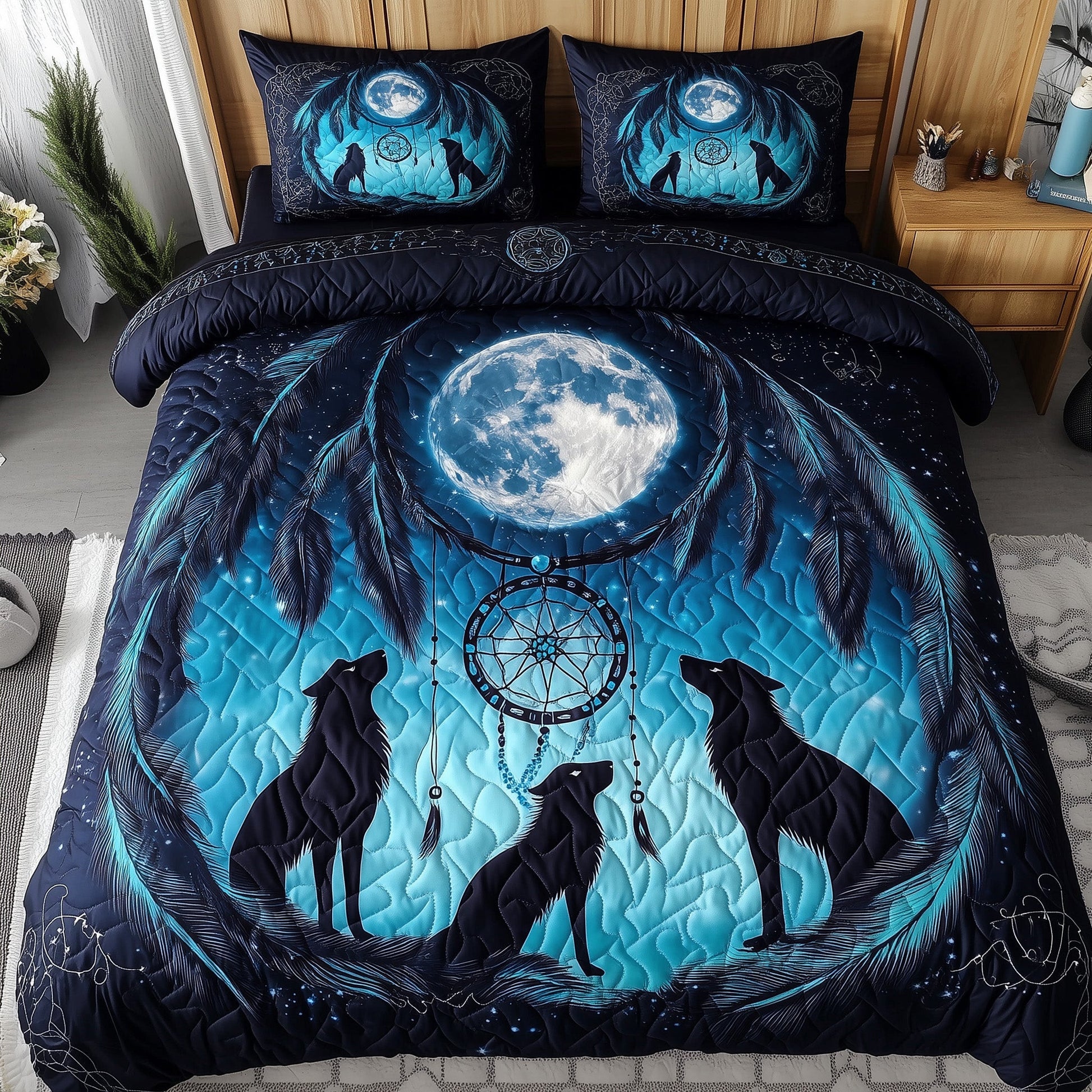 Tribal Soul Dreamcatcher Quilted Bedding Set Wolfs Under Moonlit Peaceful Sleep Theme Gift Ideas - Bancroftclothings