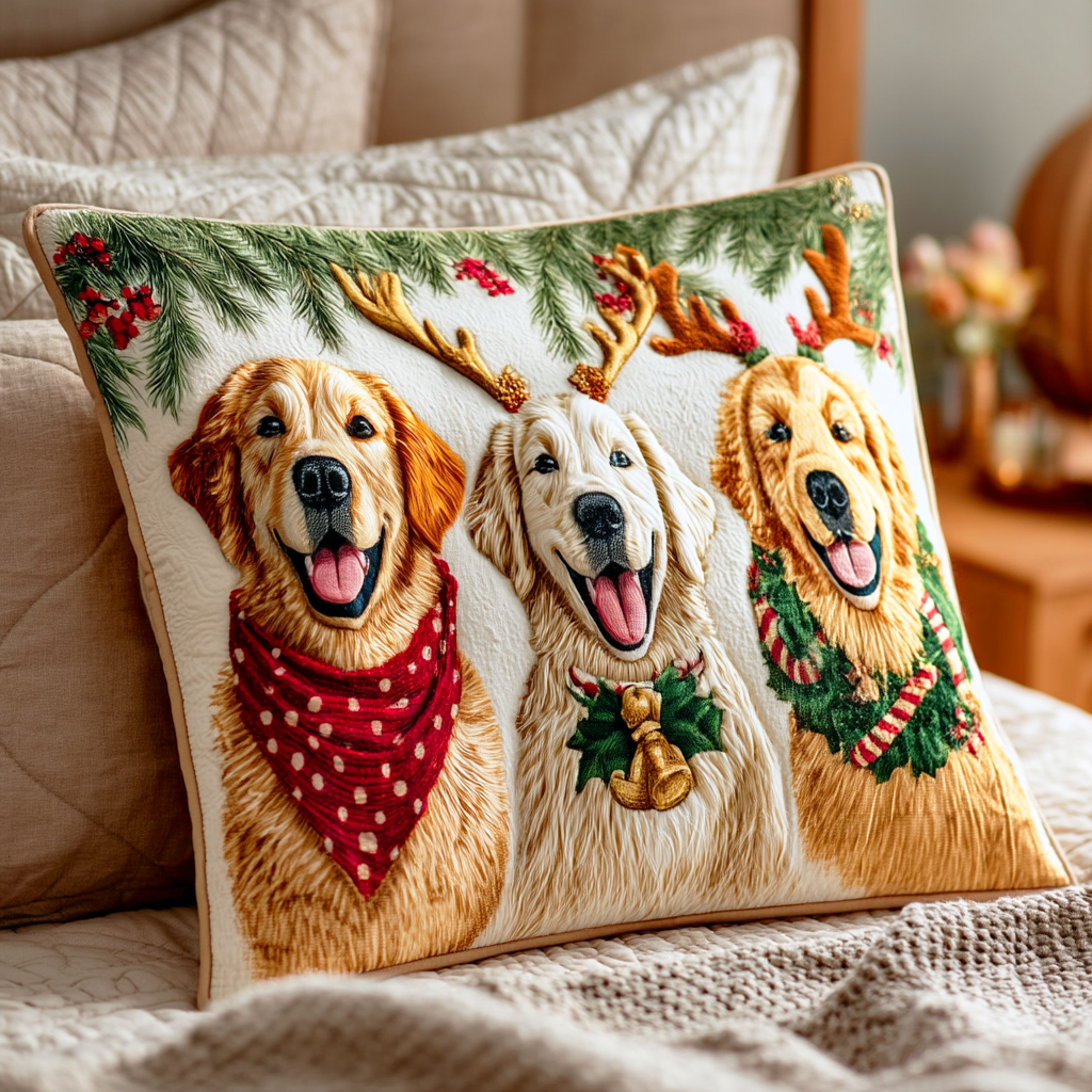 Triple Festive Goldens Quilted Pillow Case Christmas Cushion Covers Gifts For Dog Lovers - Bancroftclothings