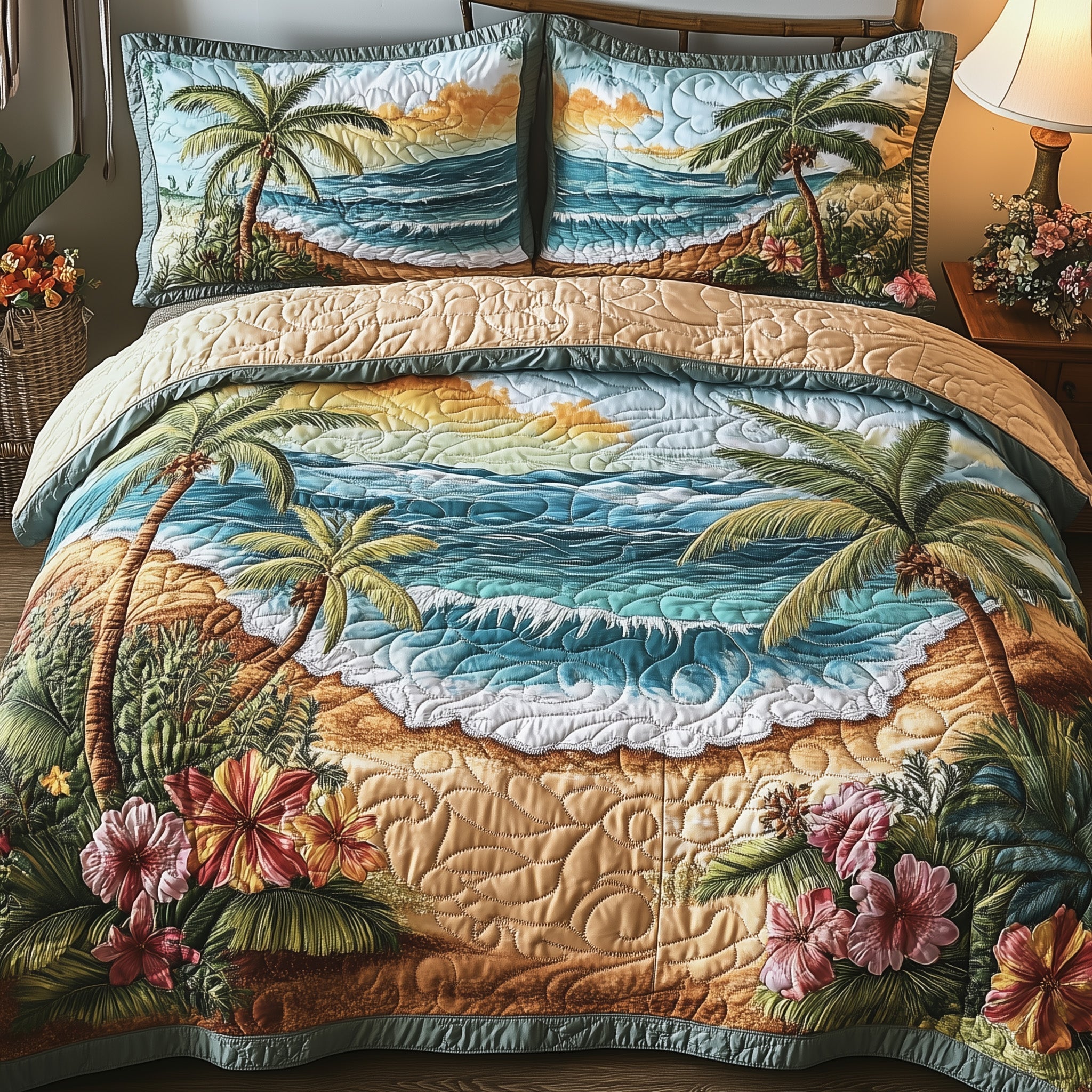 Tropical Beach Quilted Bedding Set Beach Paradise Decor Island Flower Ocean Bedding Gifts - Bancroftclothings