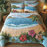 Tropical Beach Quilted Bedding Set Beach Paradise Themed Island Flower Ocean Bedding Gifts - Bancroftclothings