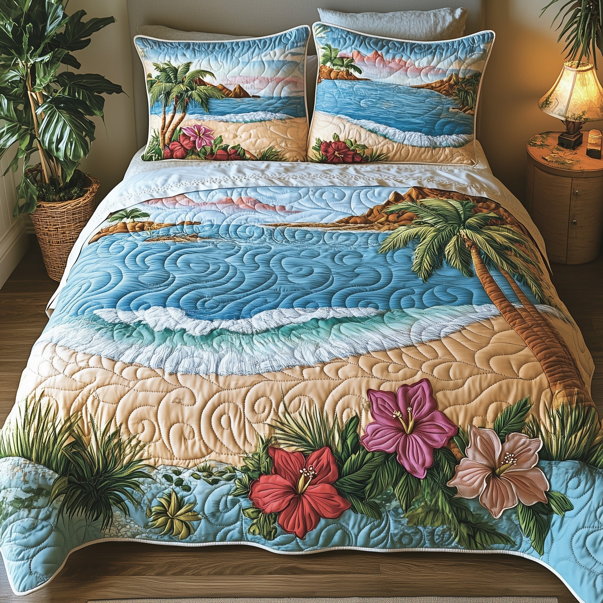 Tropical Beach Quilted Bedding Set Beach Paradise Themed Island Flower Ocean Bedding Gifts - Bancroftclothings