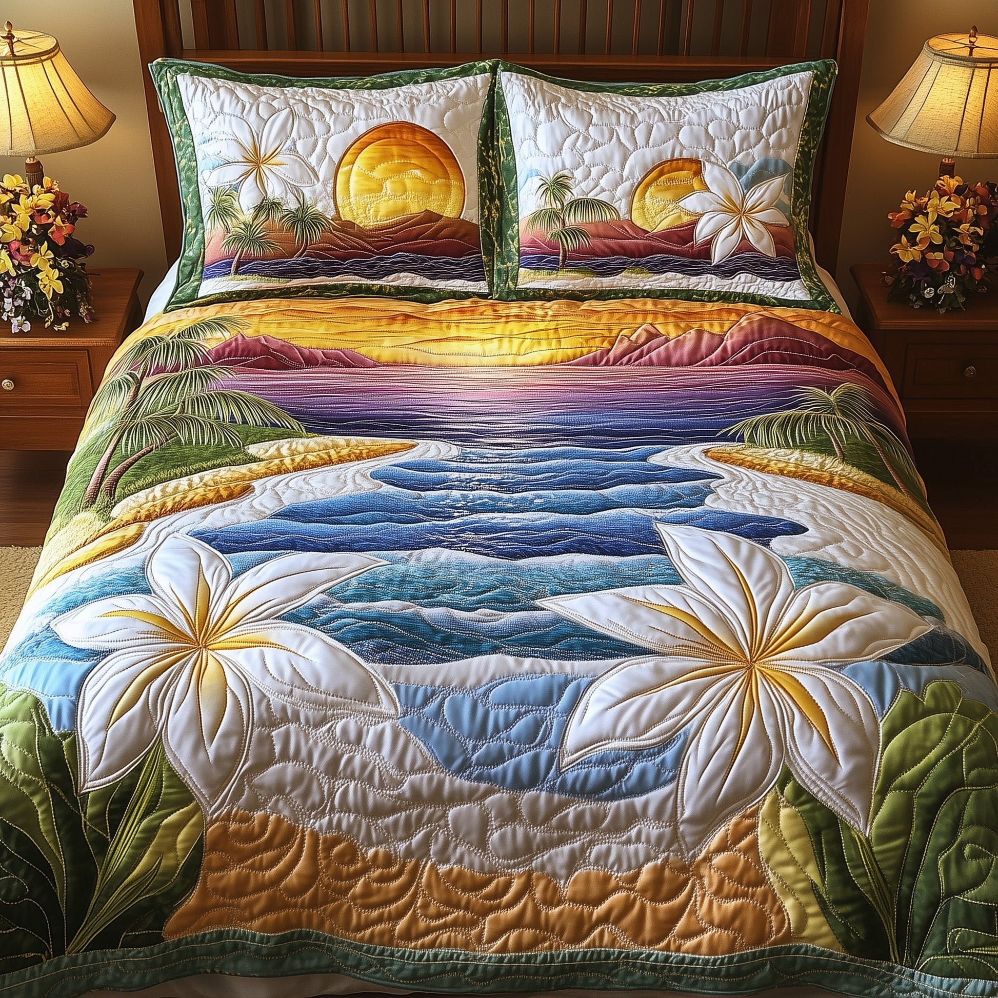Tropical Beach Quilted Bedding Set Floral Seascape Decor Blossom Flowers Bedding Gifts - Bancroftclothings