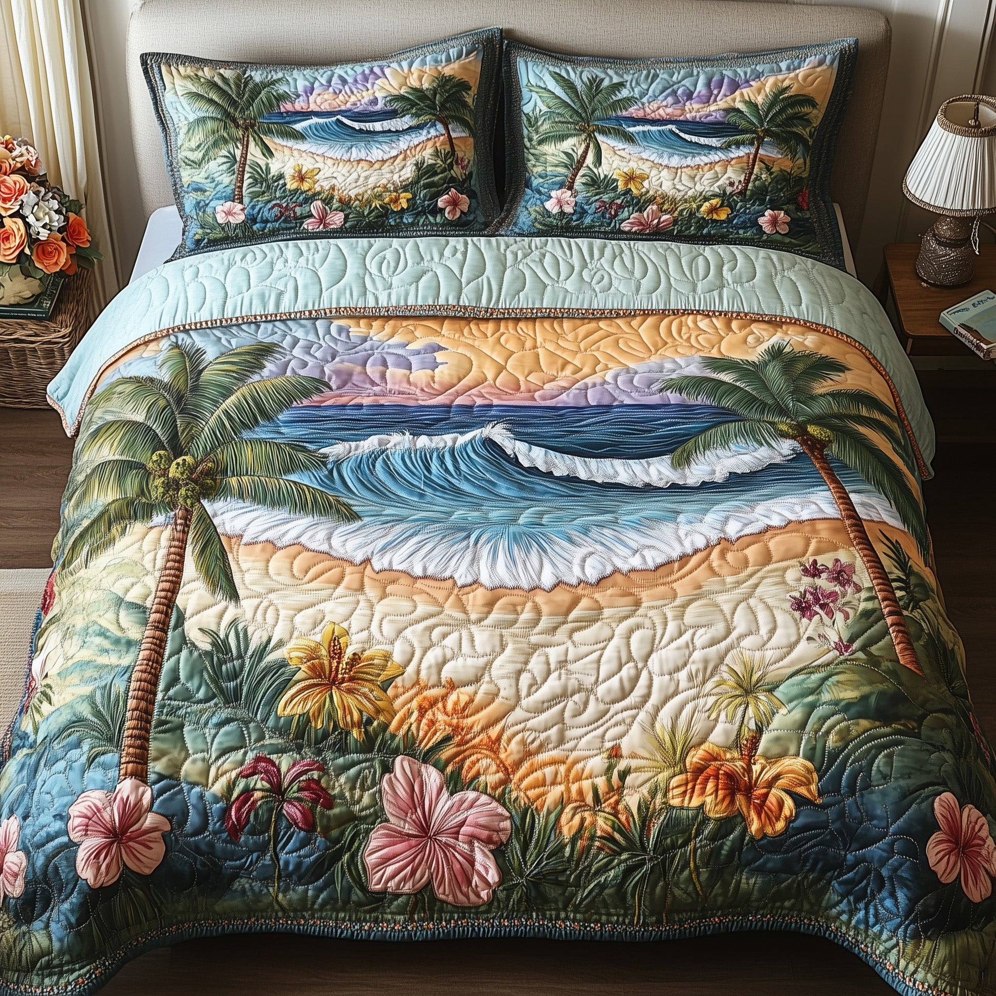 Tropical Beach Quilted Bedding Set Island Beach Decor Blossom Flowers Bedding Gifts - Bancroftclothings