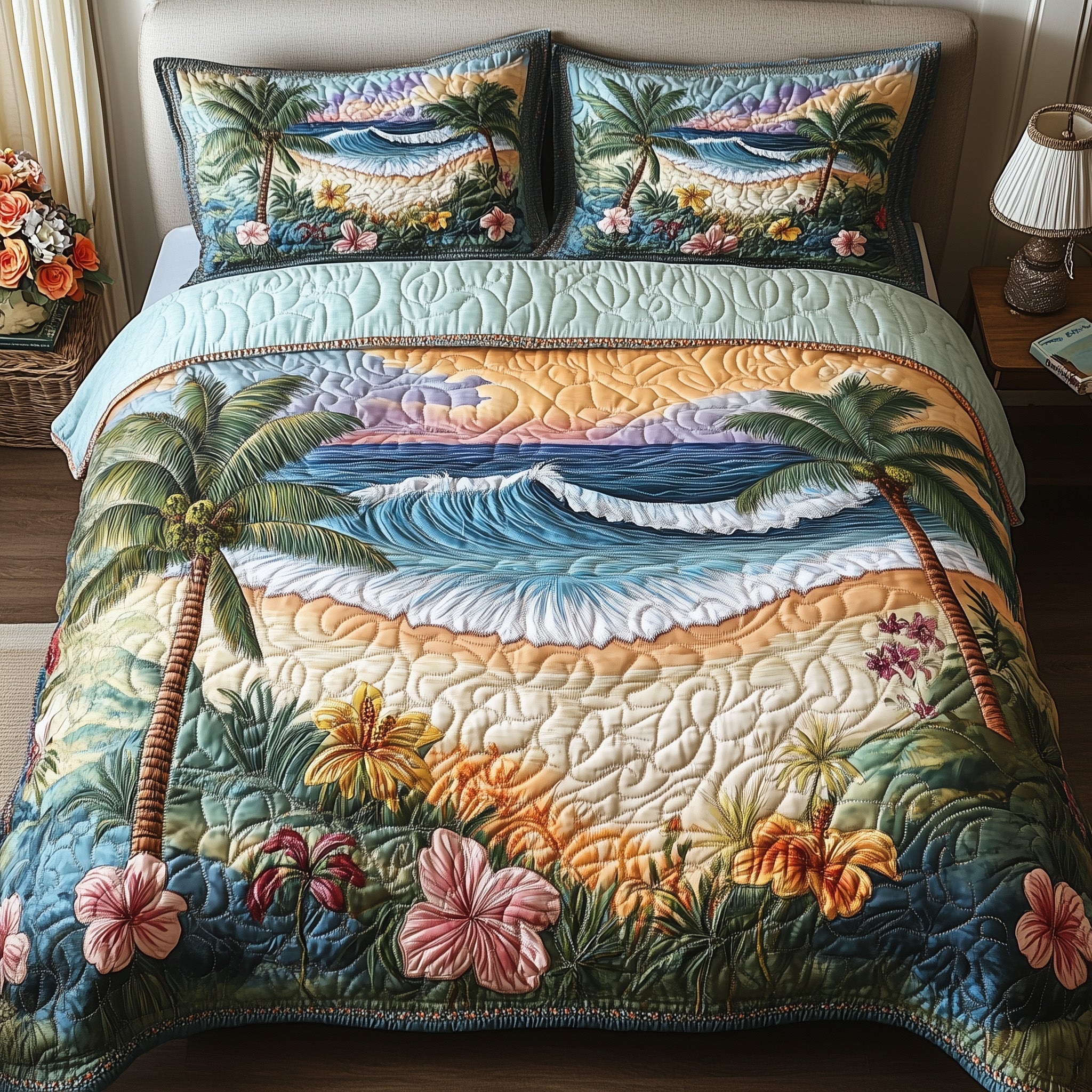 Tropical Beach Quilted Bedding Set Island Beach Decor Blossom Flowers Bedding Gifts - Bancroftclothings