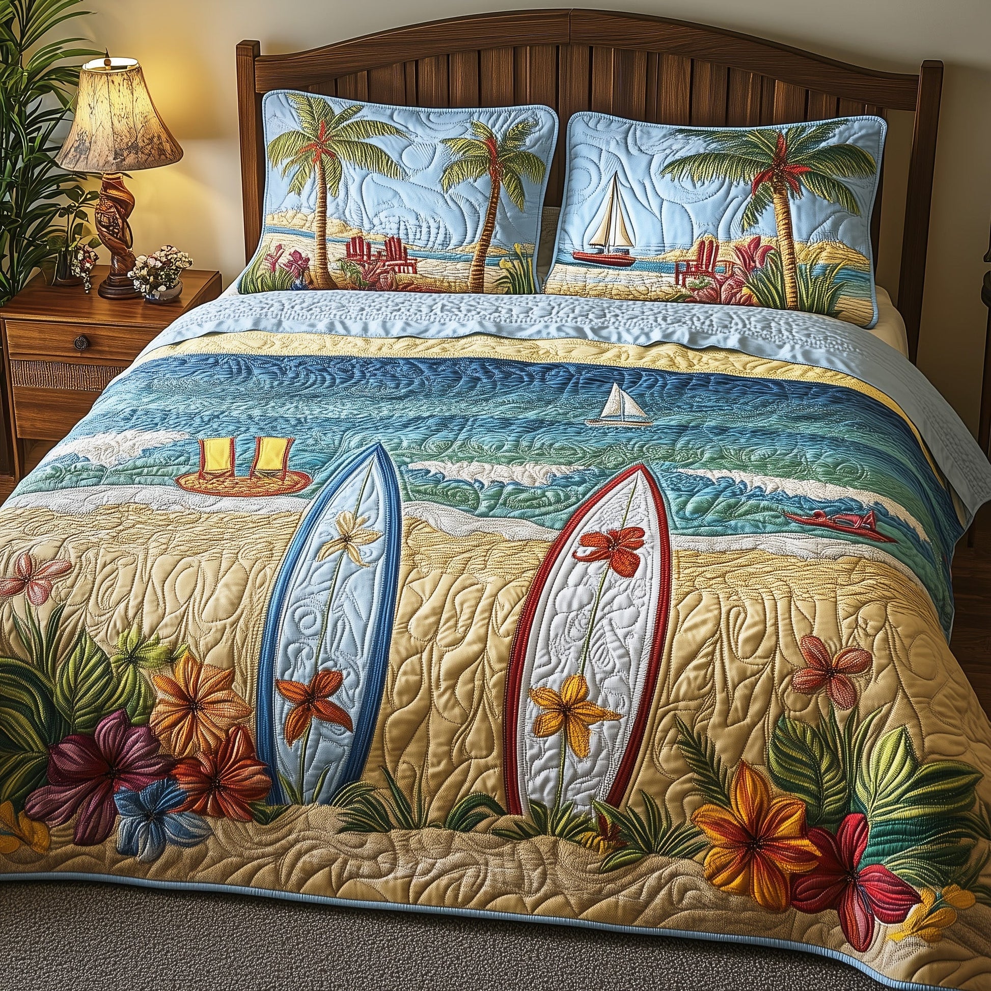 Tropical Beach Quilted Bedding Set Tropical Paradise Decor Tropical Summer Bedding Set - Bancroftclothings