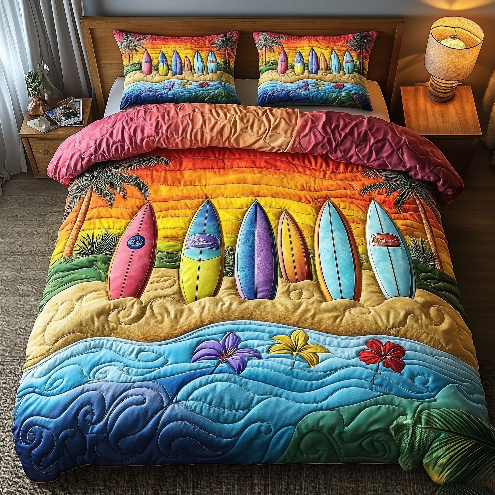 Tropical Wave Rider Quilted Bedding Set Coastal Surf Ocean Adventure Design Bedding Gift Ideas - Bancroftclothings