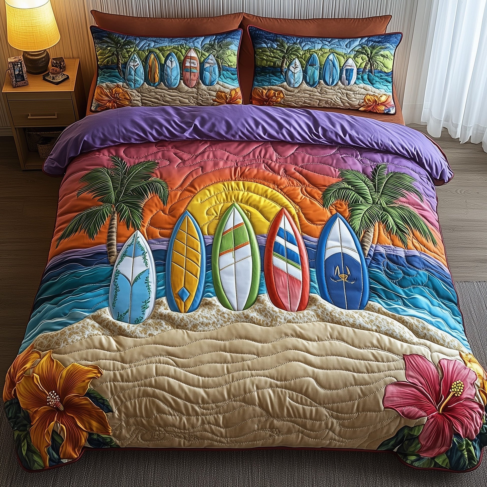 Tropical Wave Rider Quilted Bedding Set Coastal Surf Ocean Adventure Themed Bedding Gift Ideas - Bancroftclothings